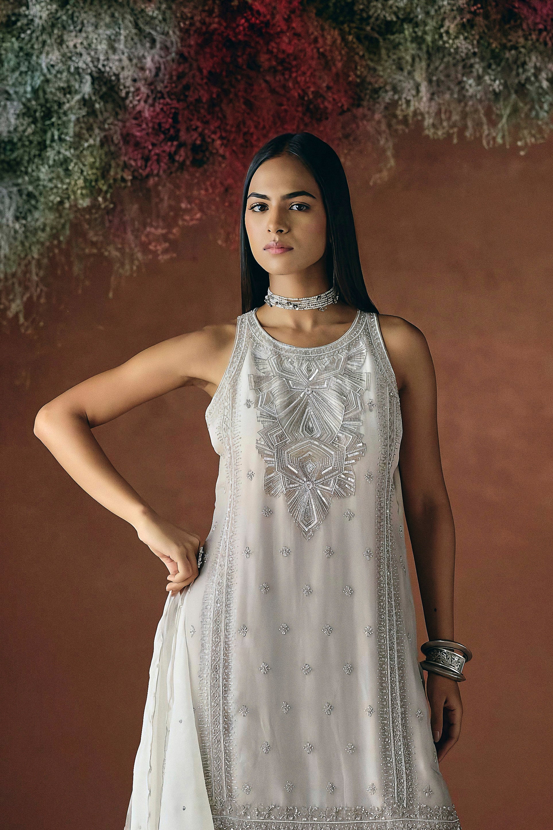 Pearl Ivory Embellished Soft Organza Palazzo Set