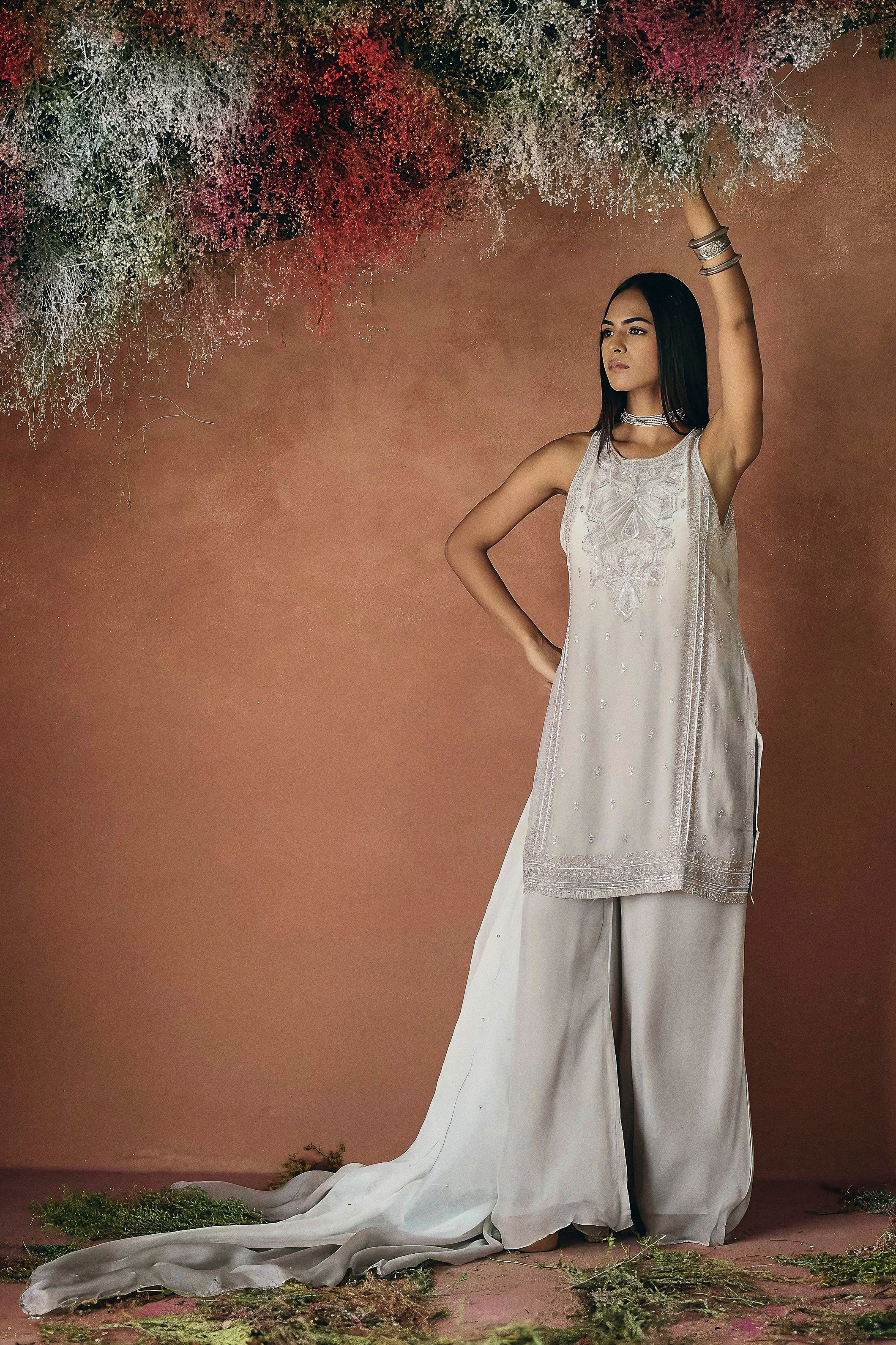 Pearl Ivory Embellished Soft Organza Palazzo Set
