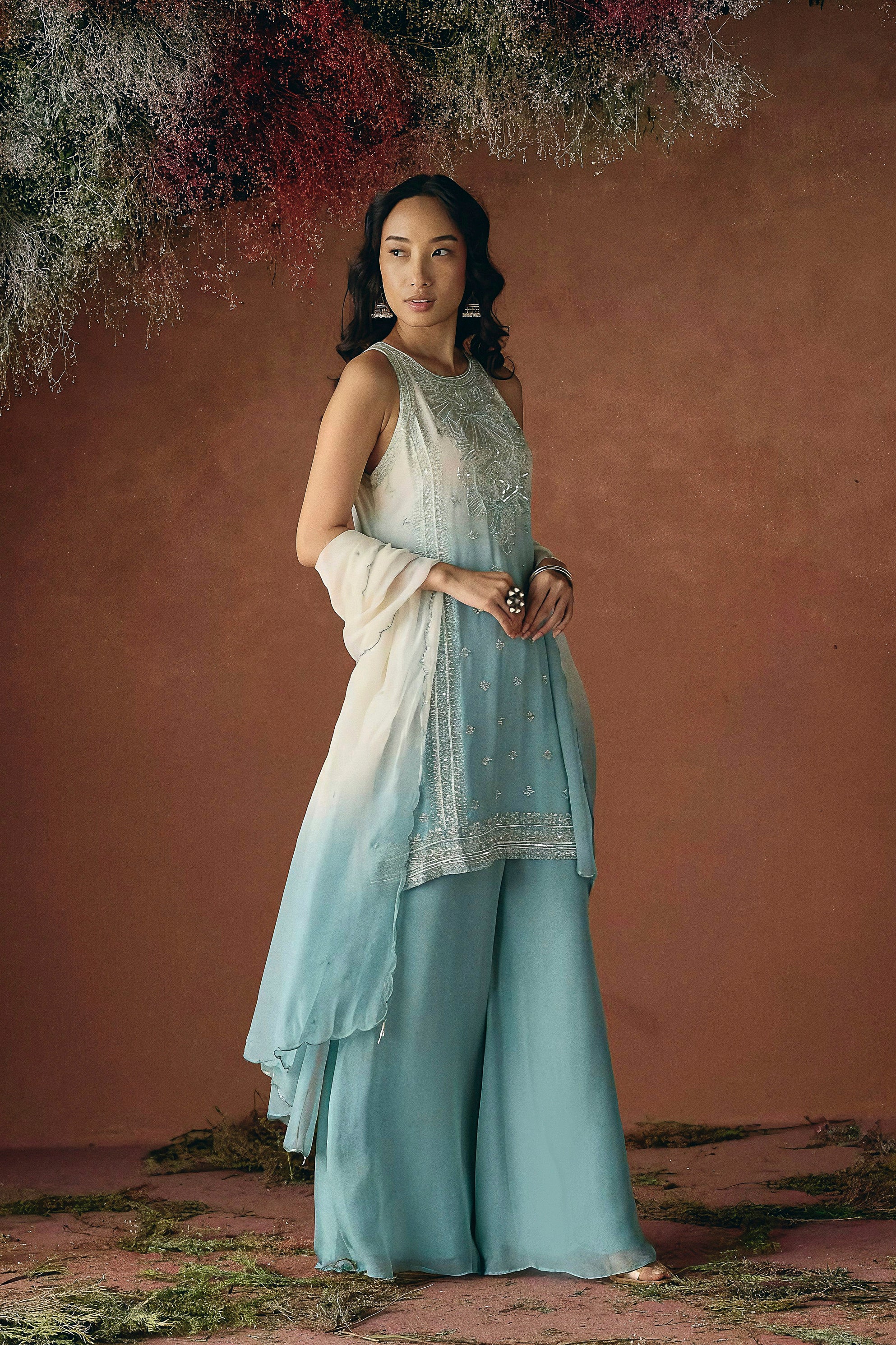 Sky Blue Embellished Soft Organza Palazzo Set