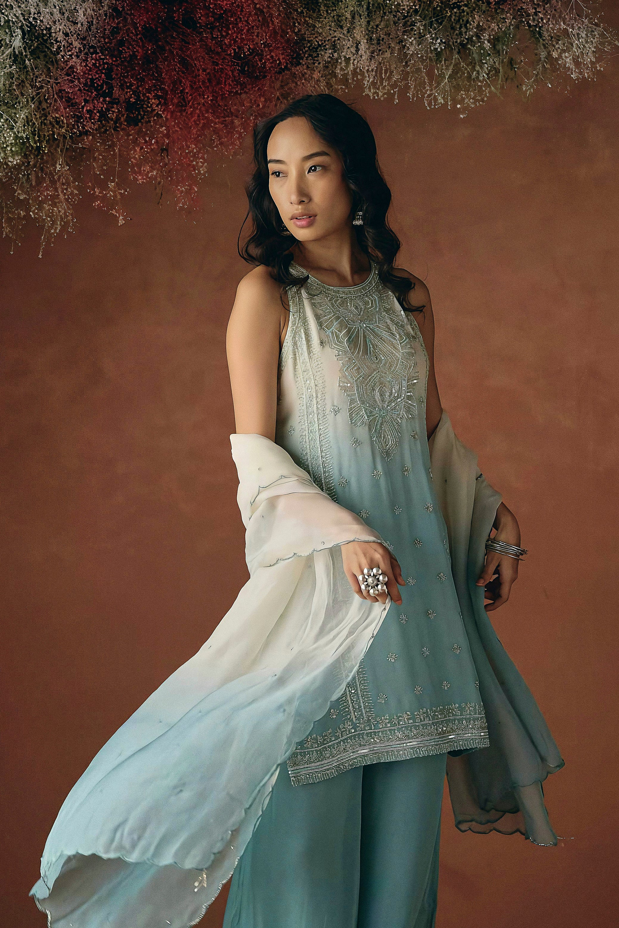 Sky Blue Embellished Soft Organza Palazzo Set