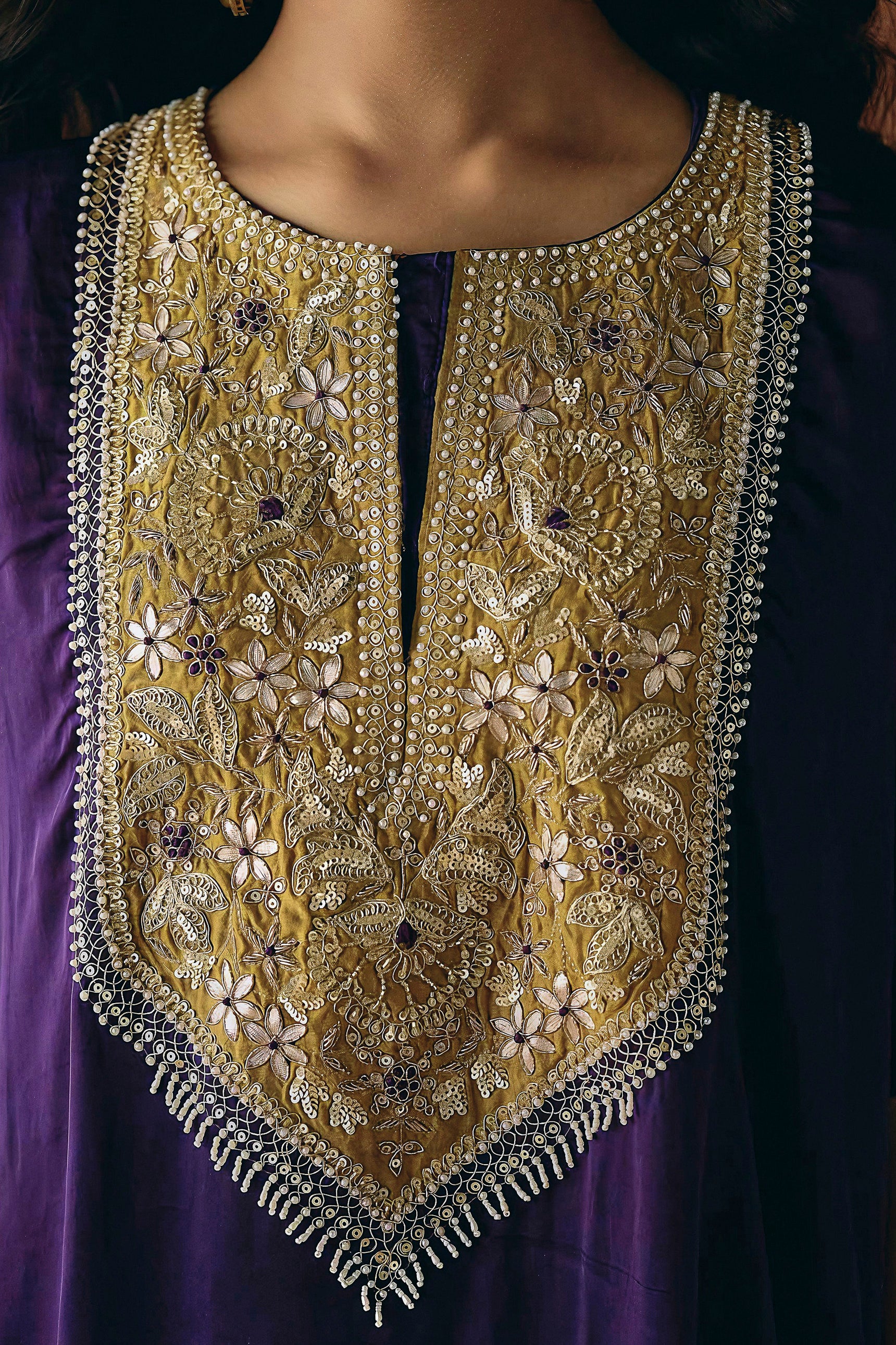 Deep Royal Purple Embellished Satin Silk Kaftan Set