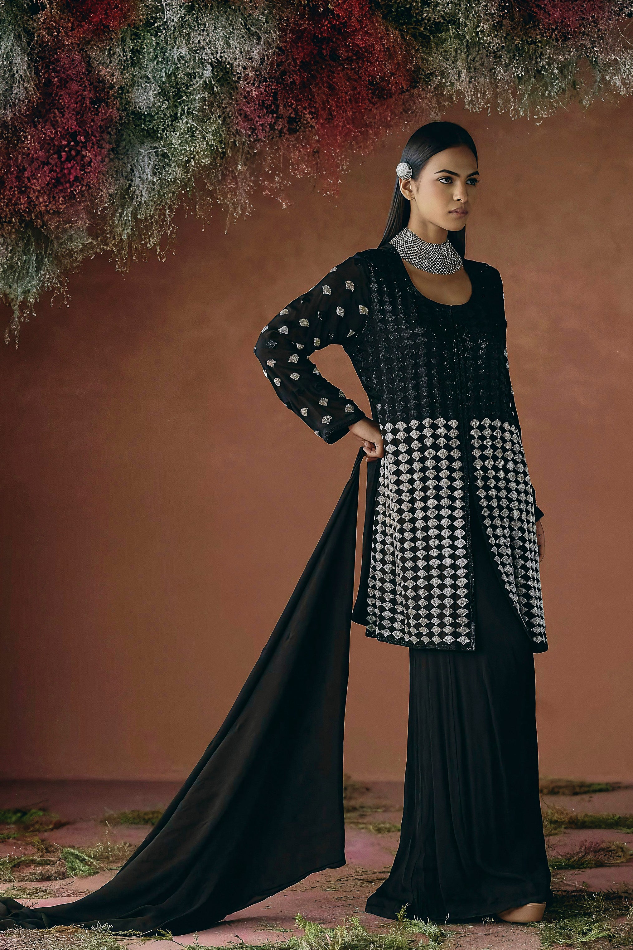 Classic Black Embellished Chinon Silk Palazzo Set