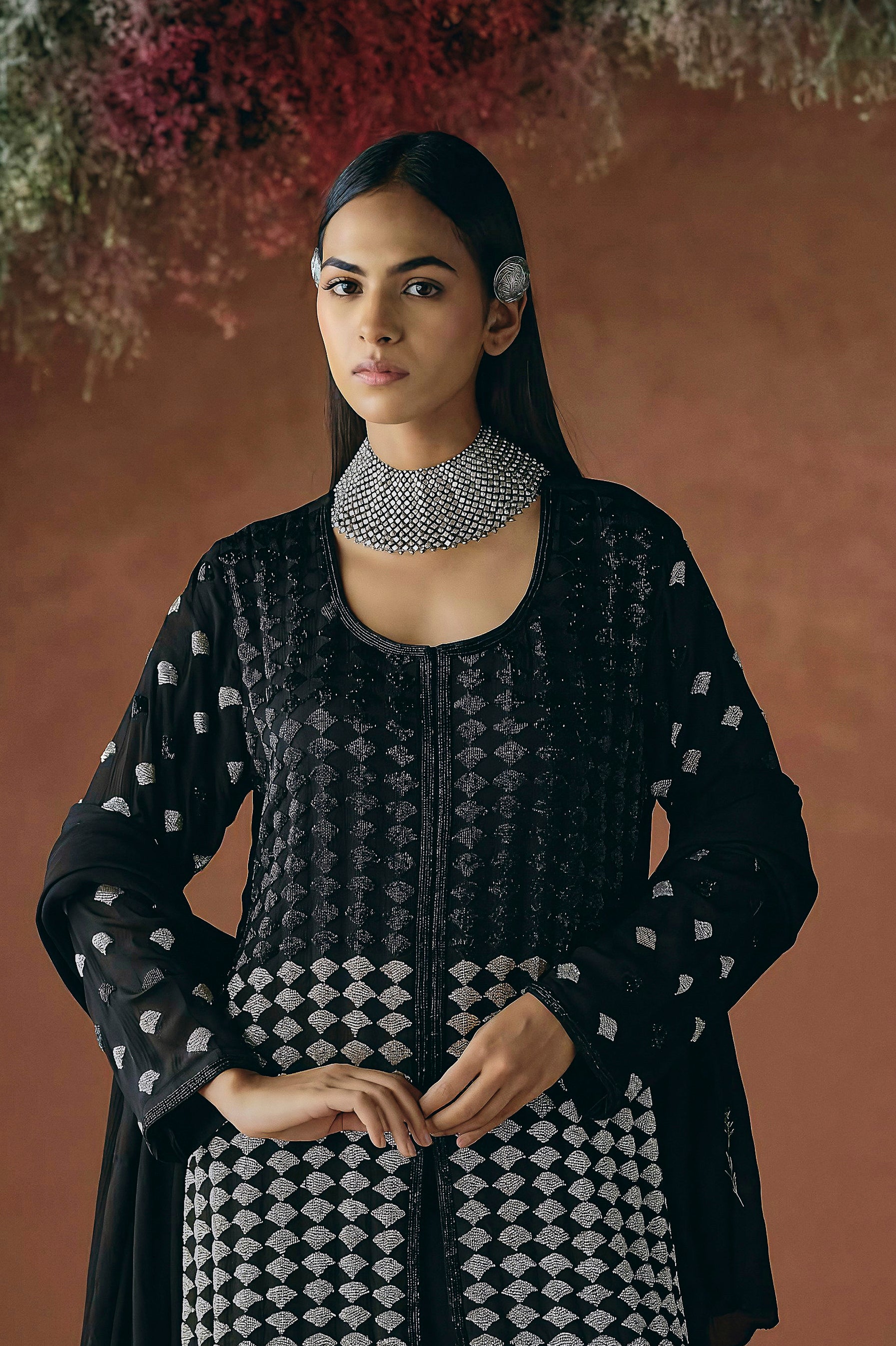 Classic Black Embellished Chinon Silk Palazzo Set