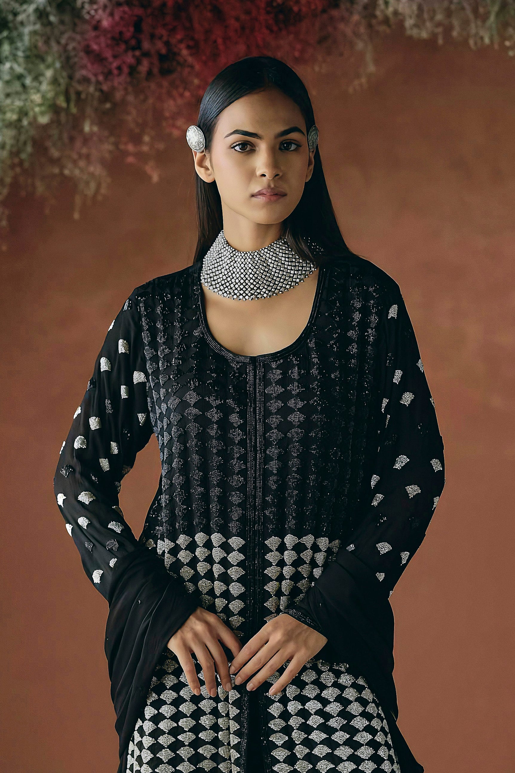 Classic Black Embellished Chinon Silk Palazzo Set