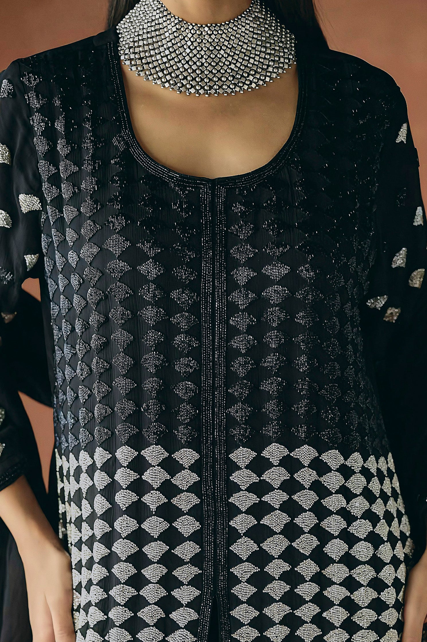 Classic Black Embellished Chinon Silk Palazzo Set