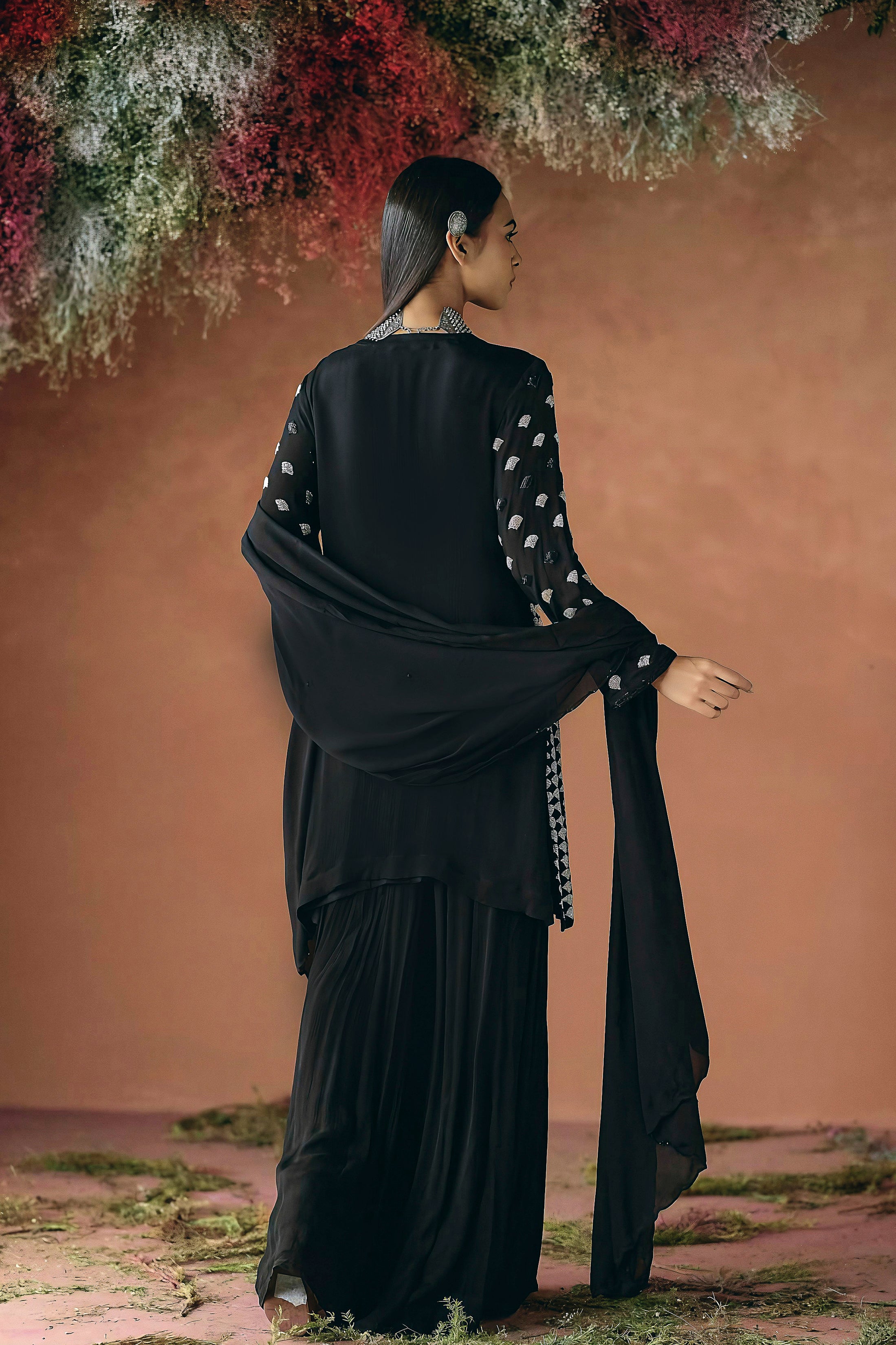 Classic Black Embellished Chinon Silk Palazzo Set