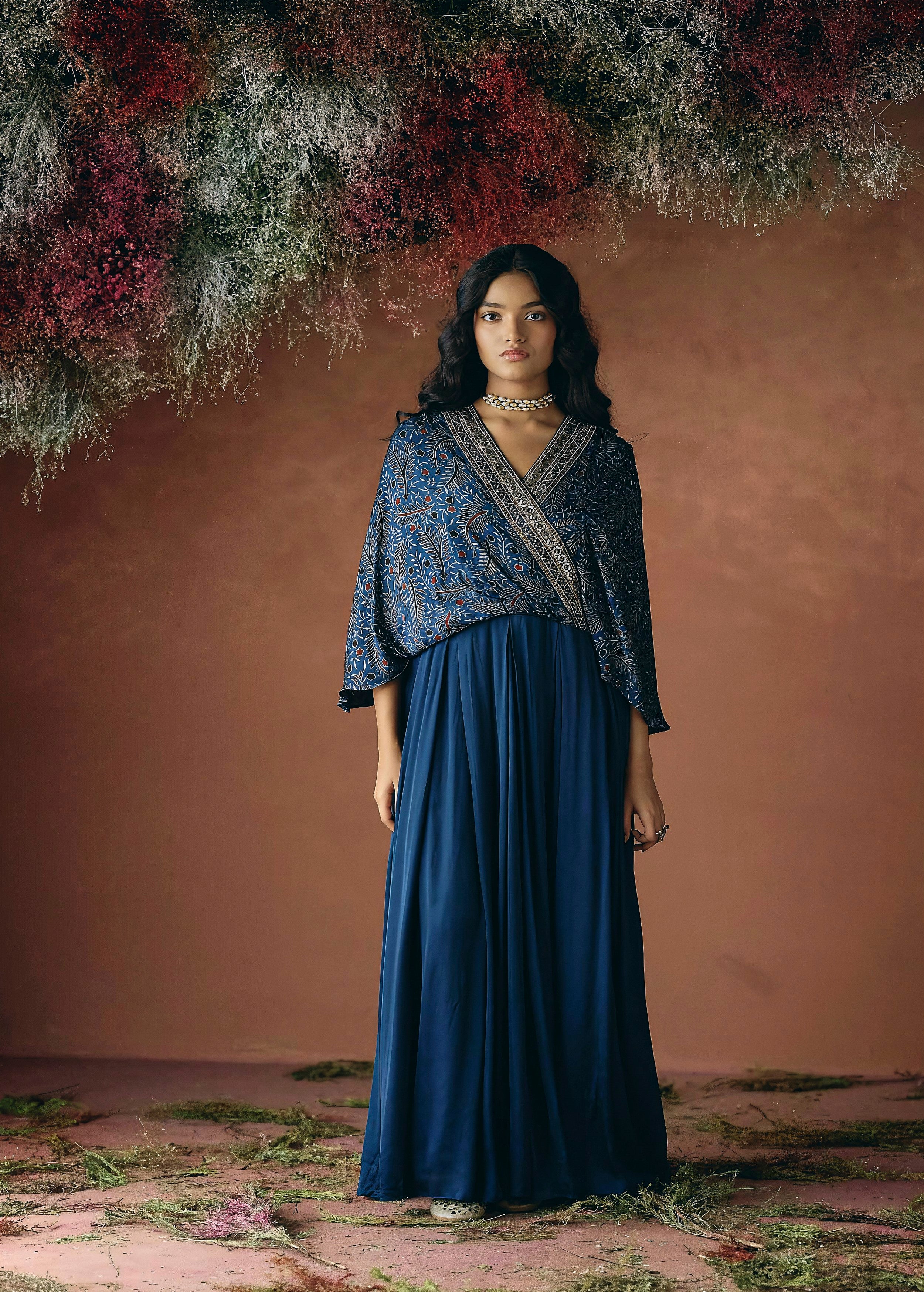 Ocean Blue Embellished Satin Silk Gown