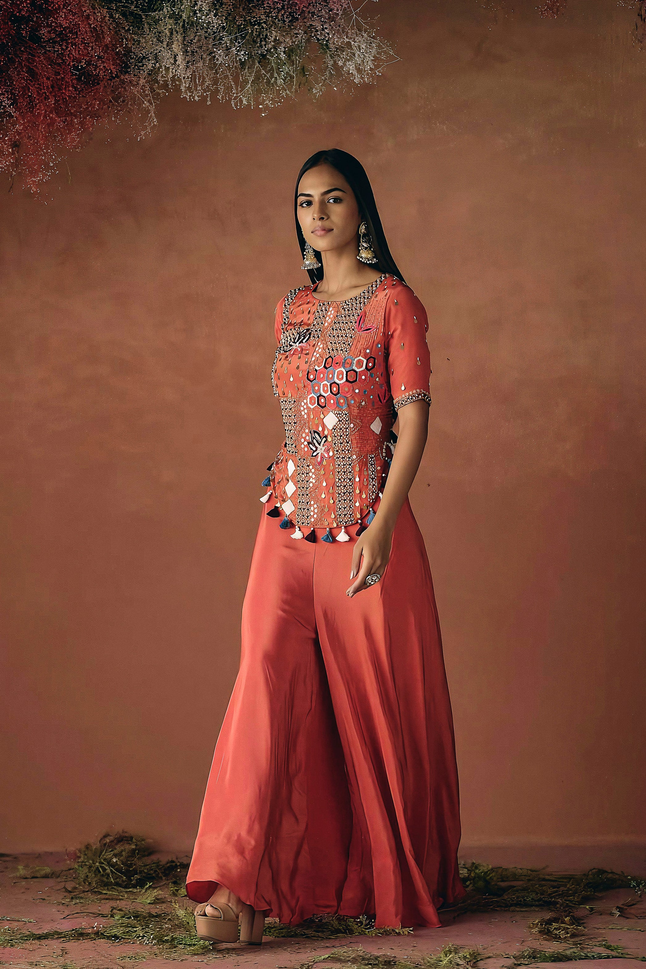 Spiced Orange Embellished Premium Silk Palazzo Set