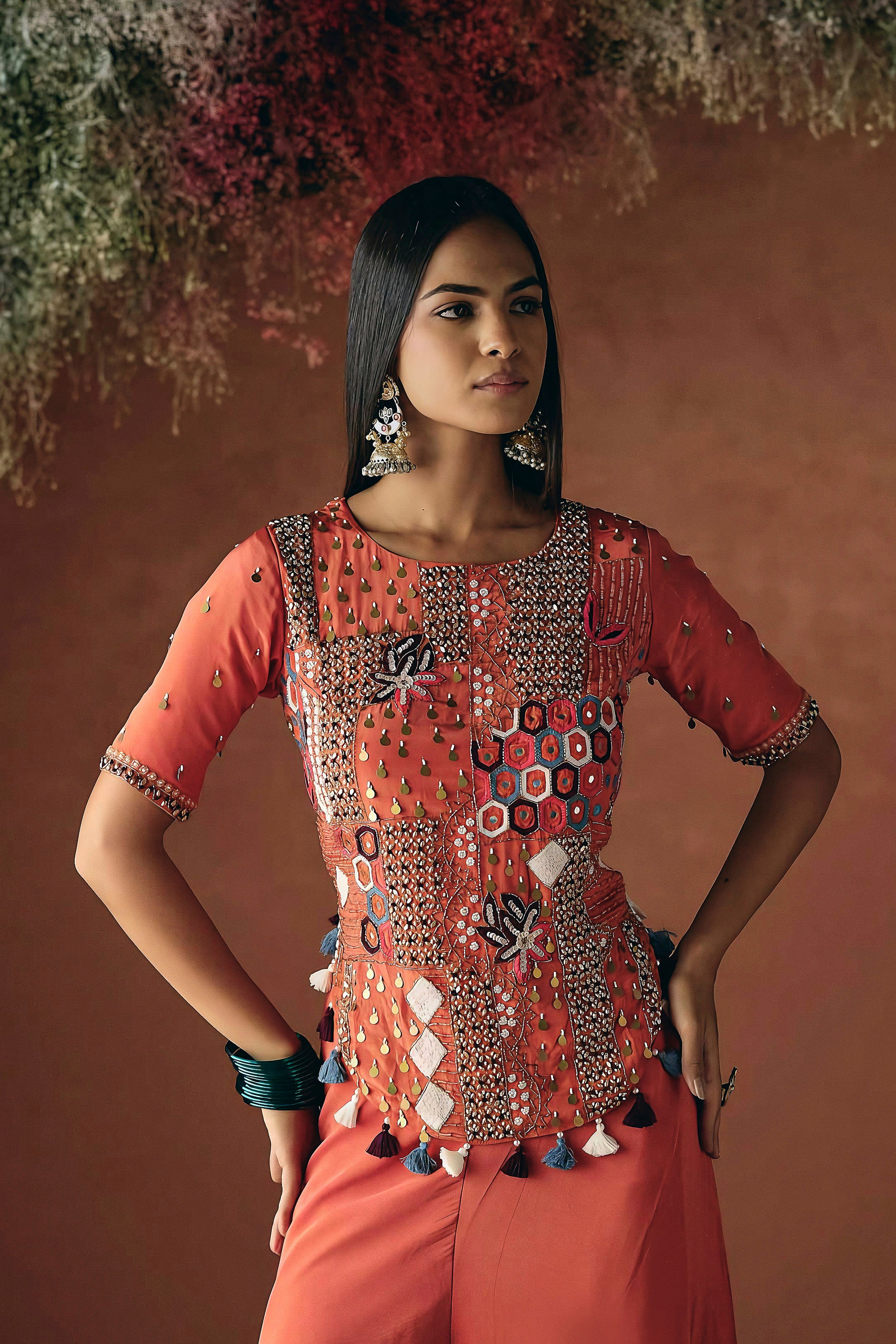 Spiced Orange Embellished Premium Silk Palazzo Set