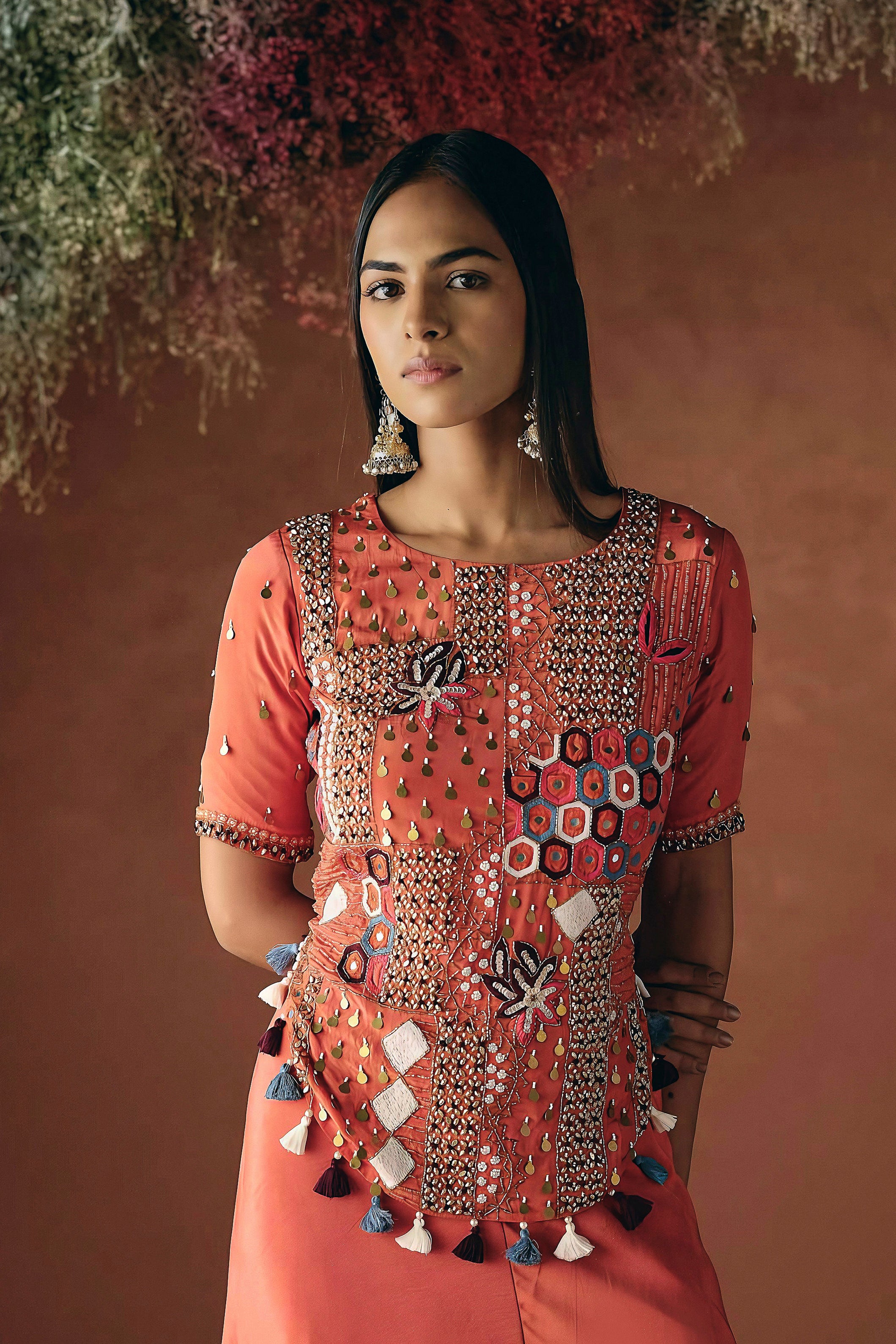 Spiced Orange Embellished Premium Silk Palazzo Set