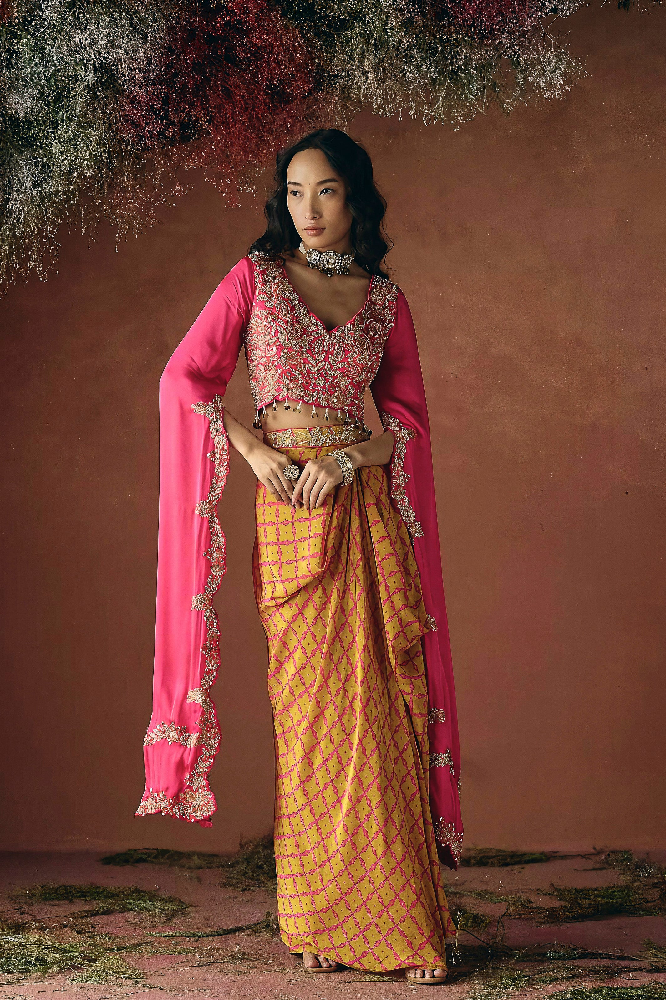 Rani Pink Embellished Satin Silk Skirt Set