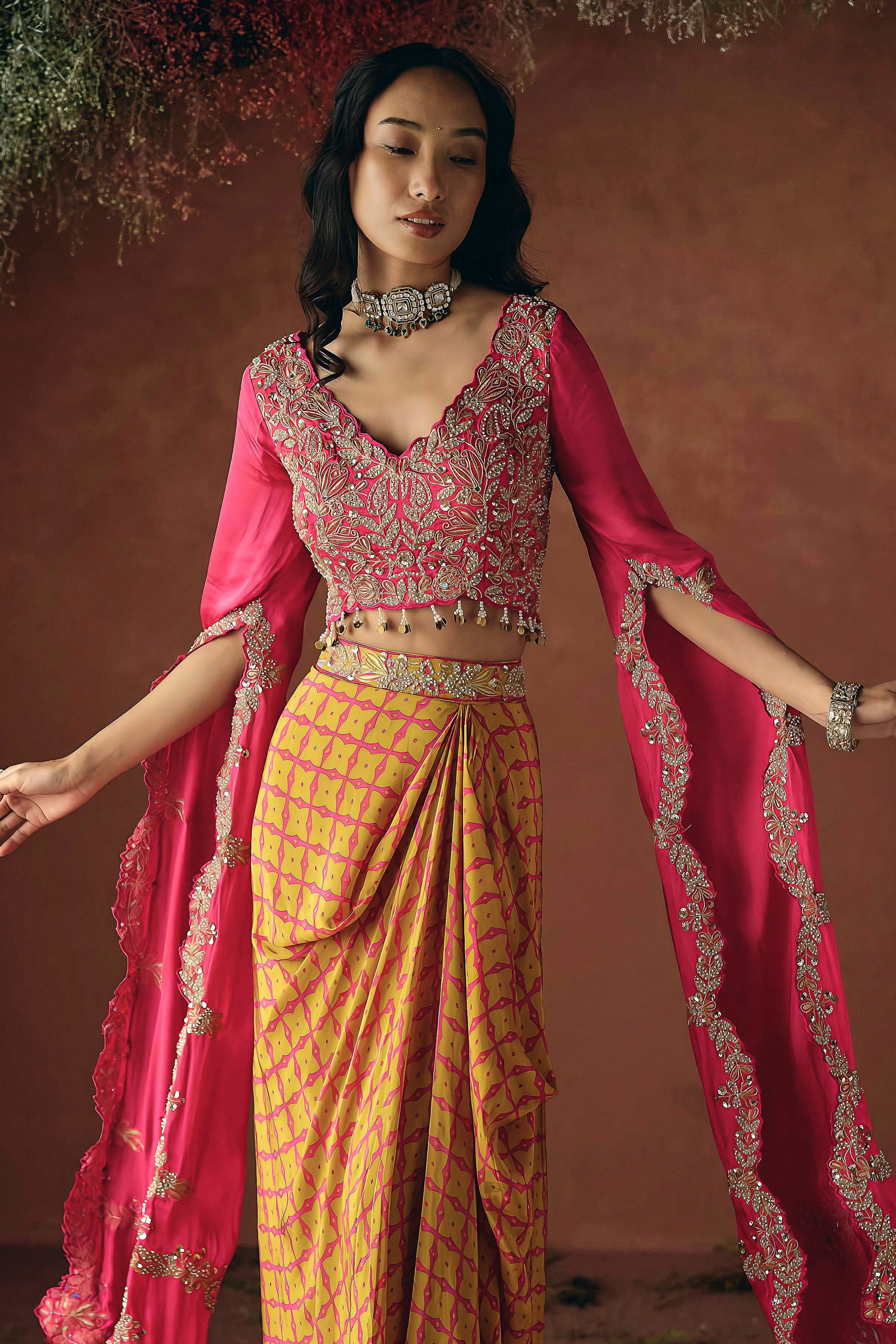 Rani Pink Embellished Satin Silk Skirt Set