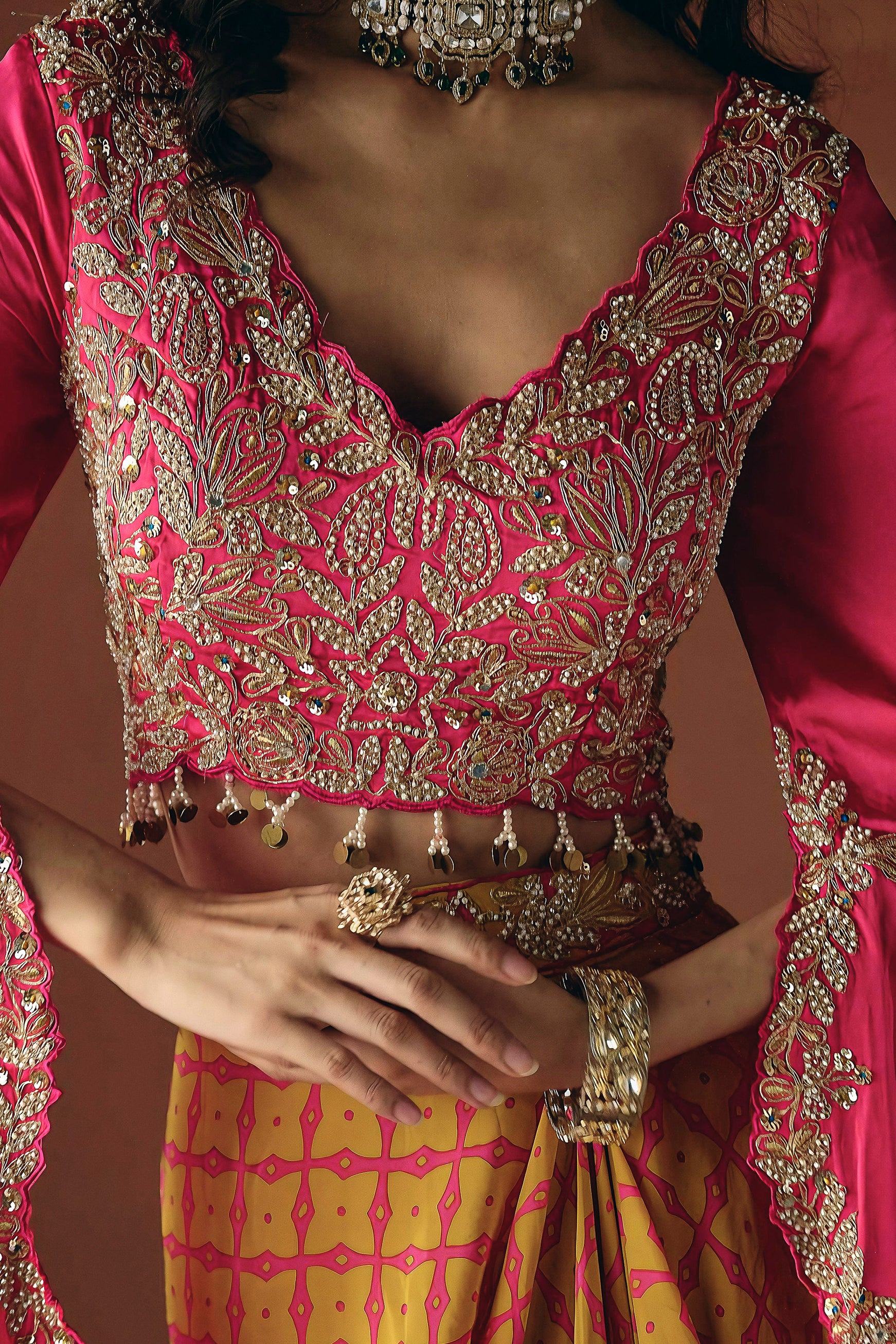 Rani Pink Embellished Satin Silk Skirt Set