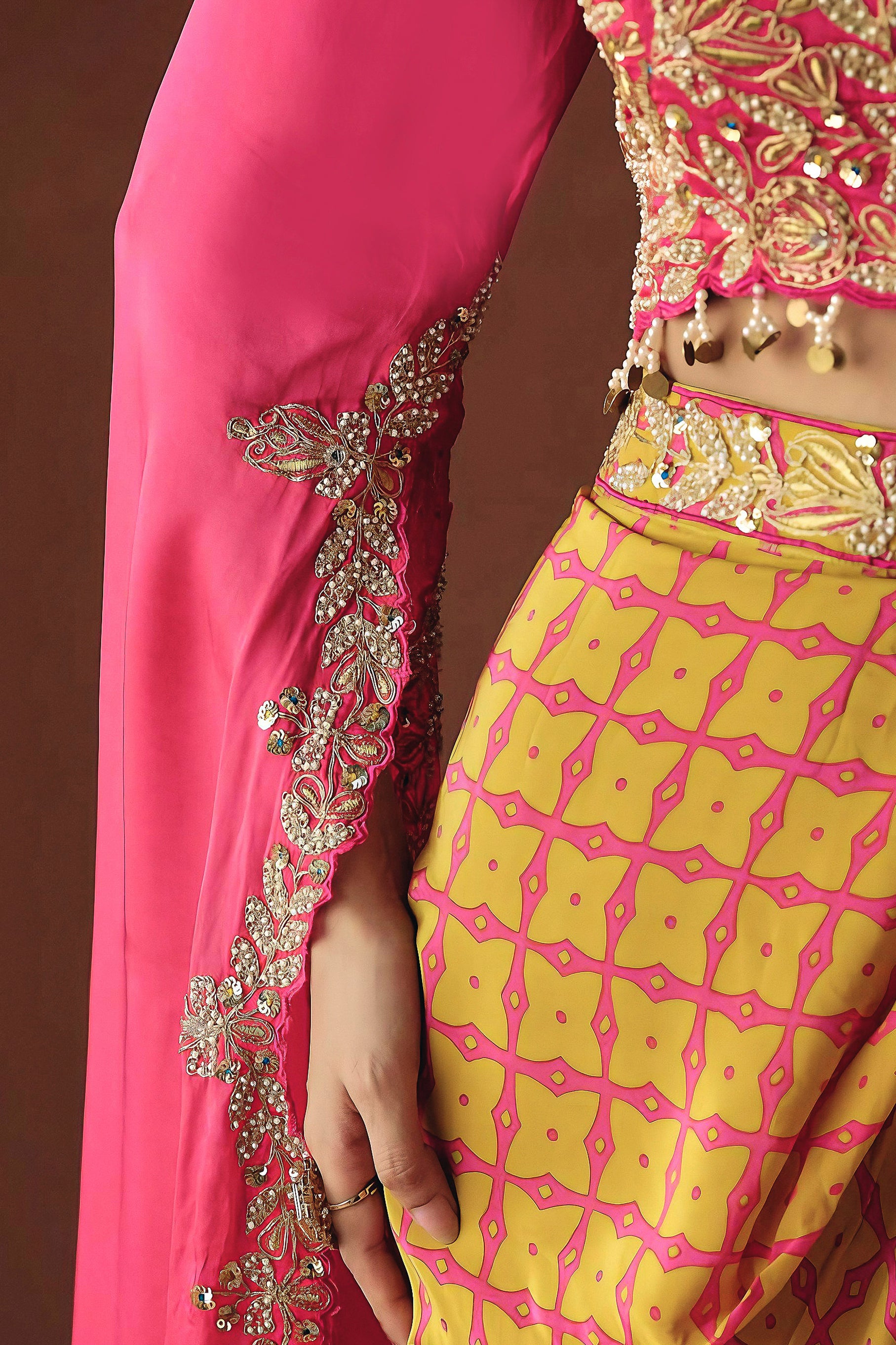 Rani Pink Embellished Satin Silk Skirt Set