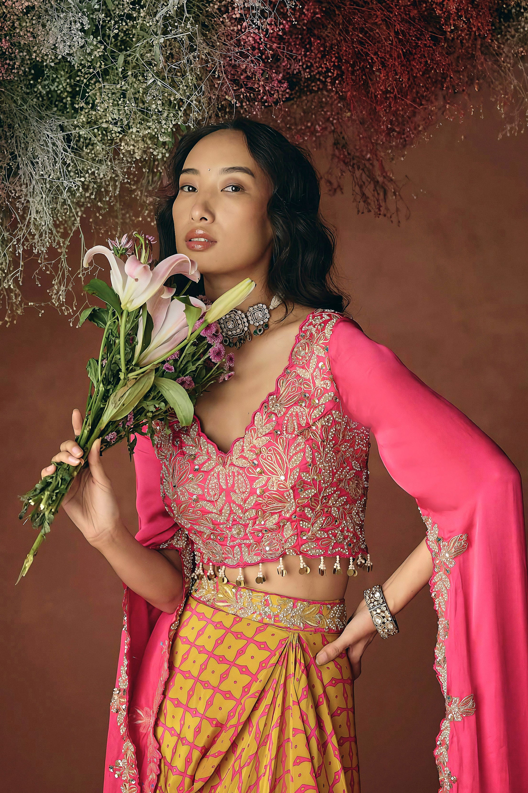 Rani Pink Embellished Satin Silk Skirt Set