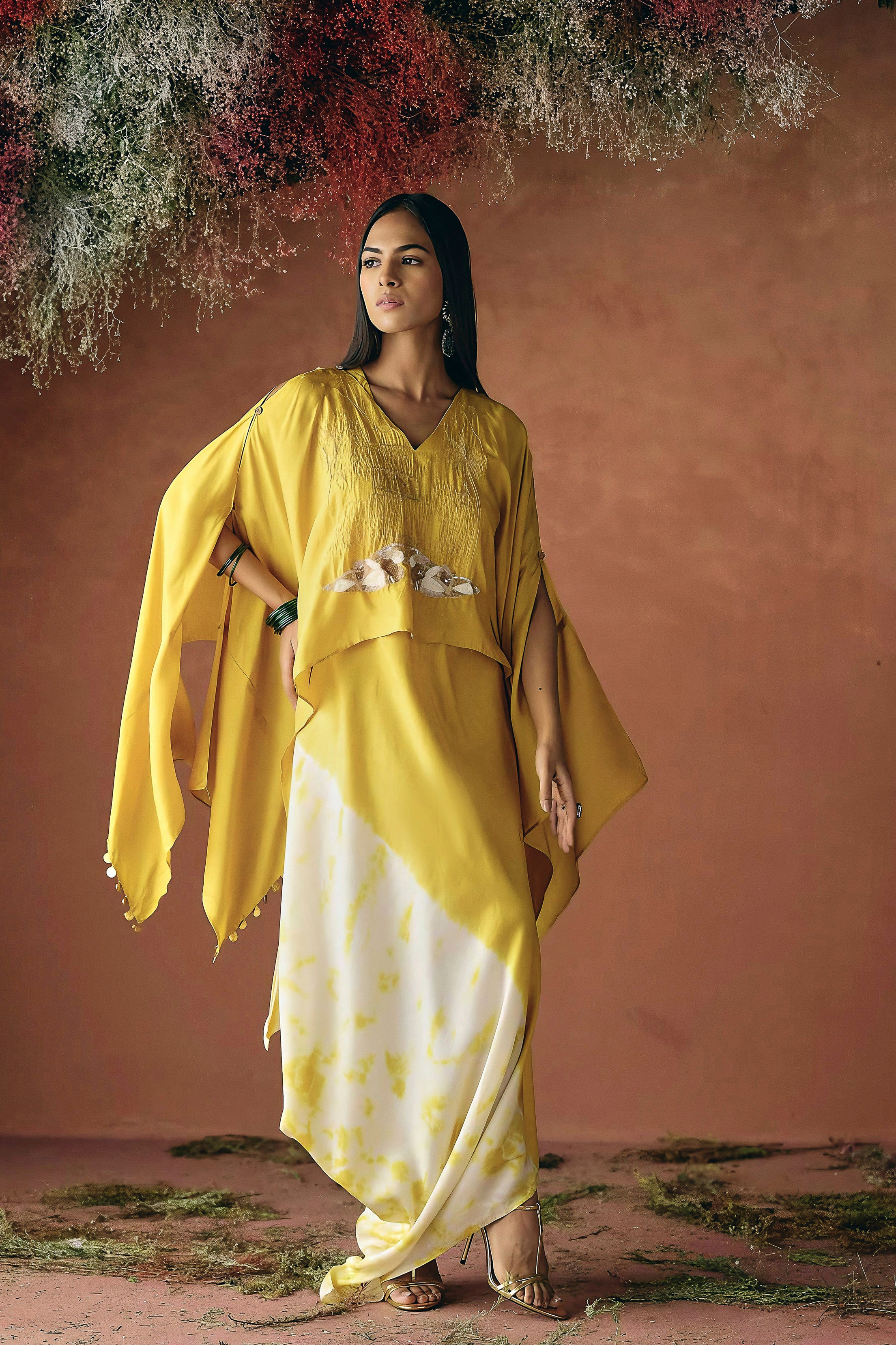 Yellow Embellished Raw Silk Cape Set