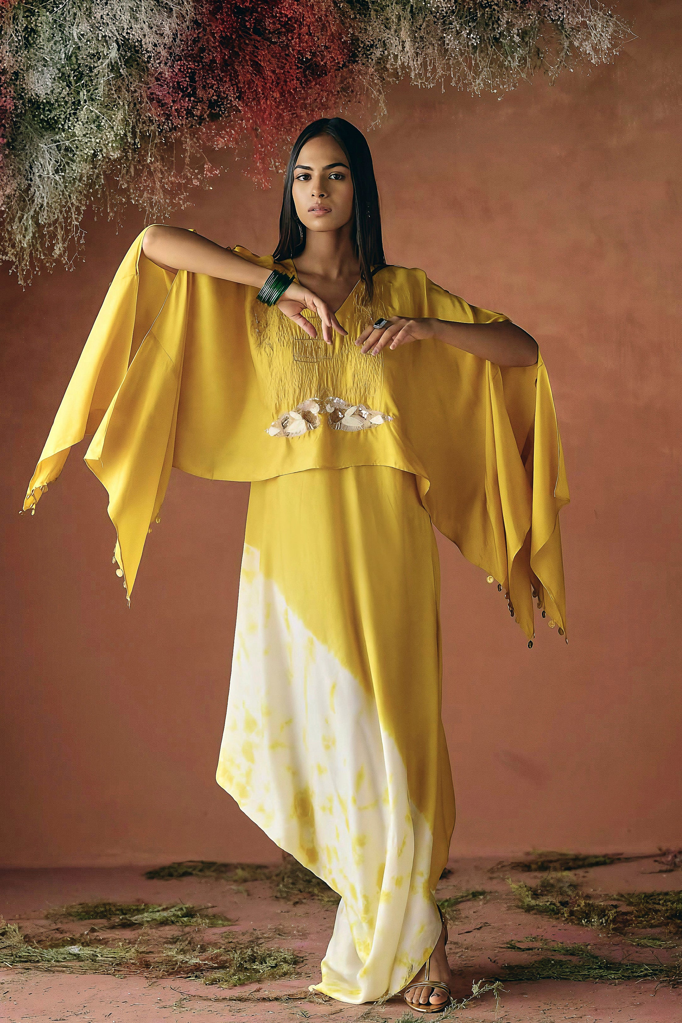 Yellow Embellished Raw Silk Cape Set