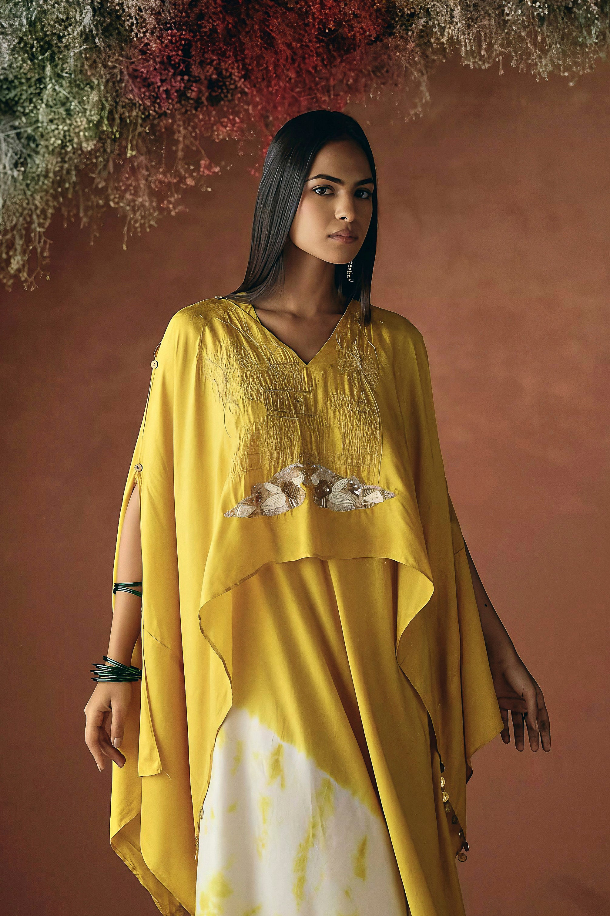 Yellow Embellished Raw Silk Cape Set