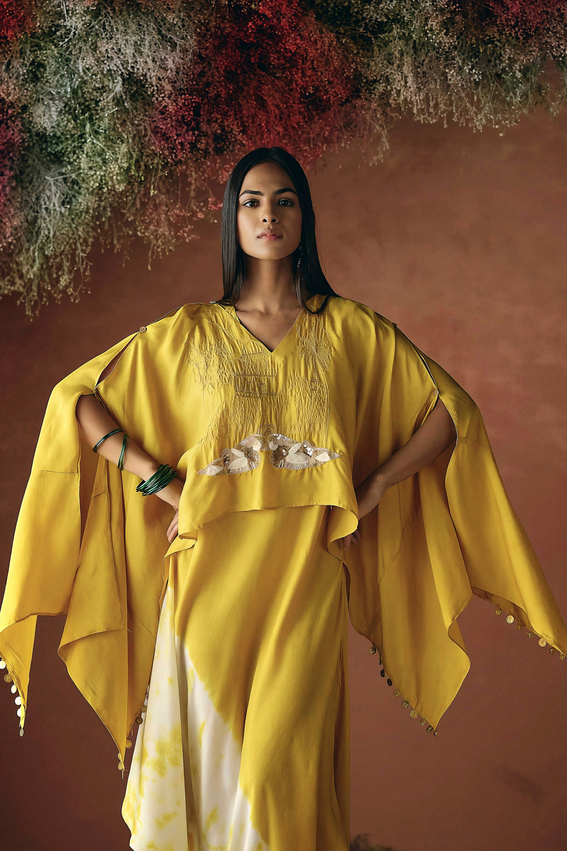 Yellow Embellished Raw Silk Cape Set