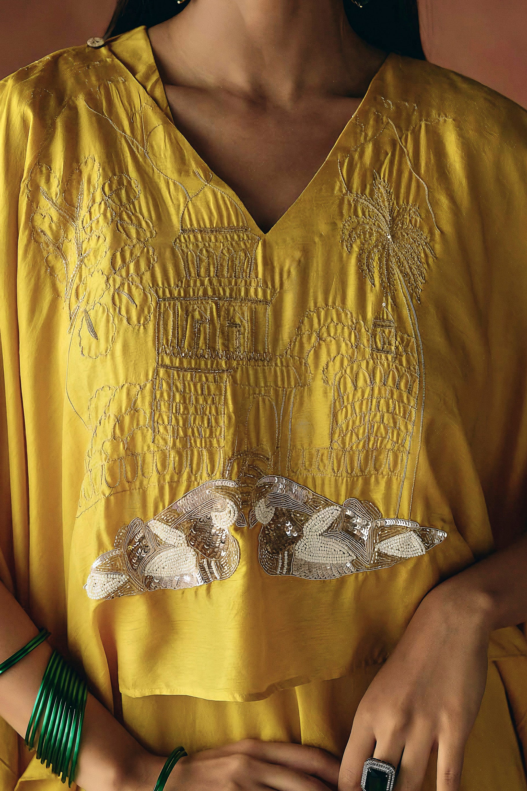 Yellow Embellished Raw Silk Cape Set