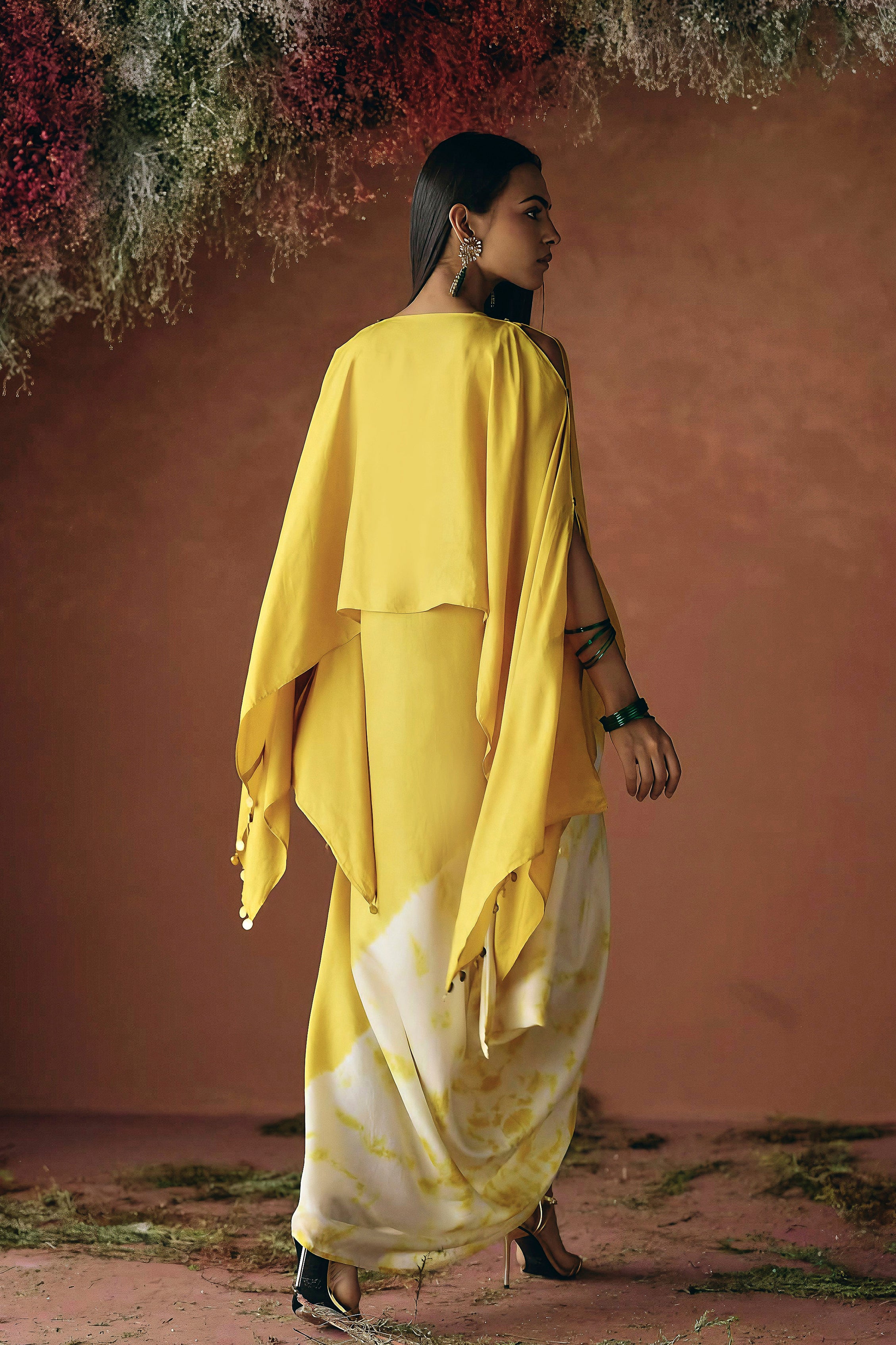 Yellow Embellished Raw Silk Cape Set