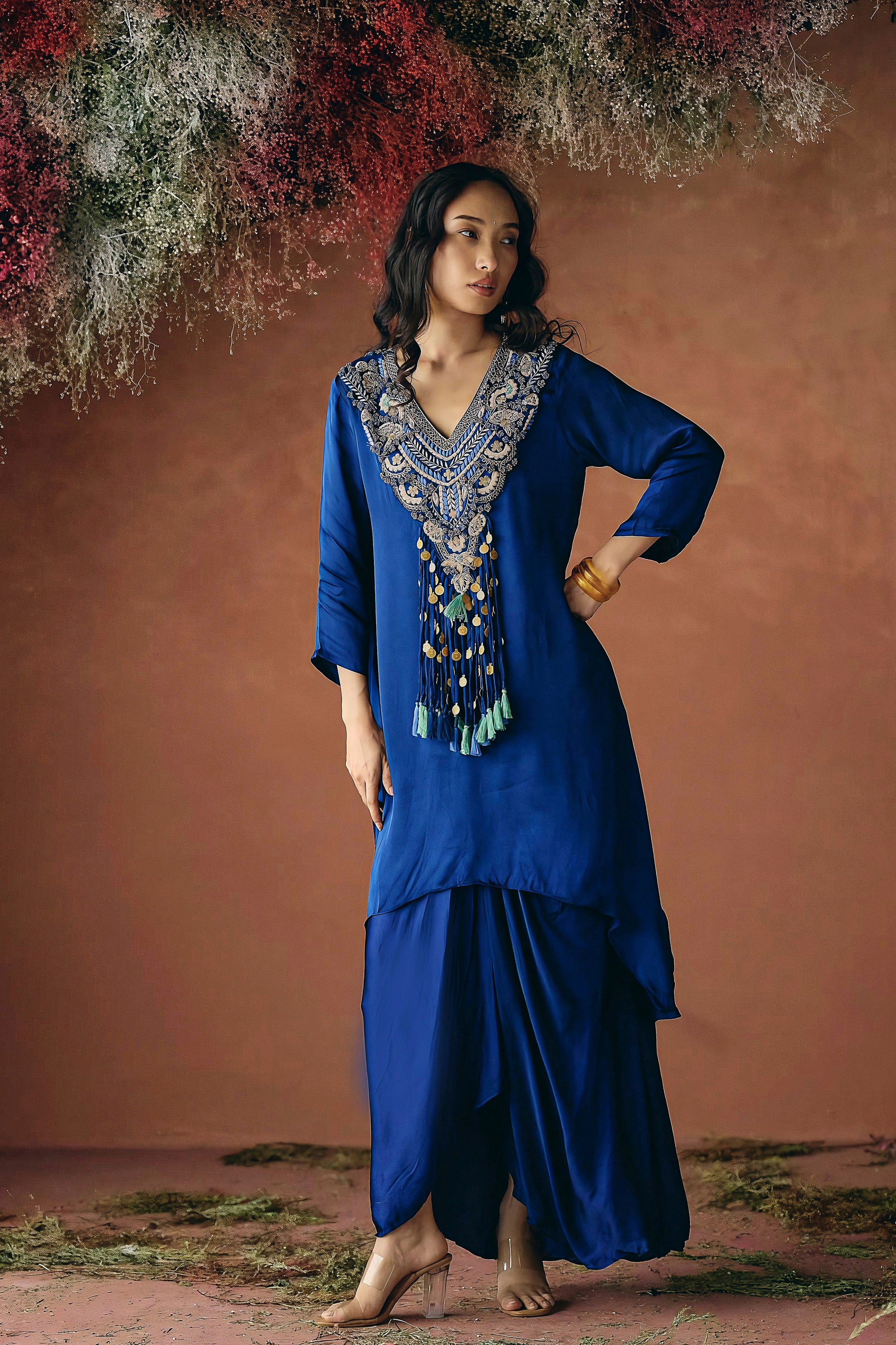 Sapphire Blue Embellished Satin Silk Skirt Set