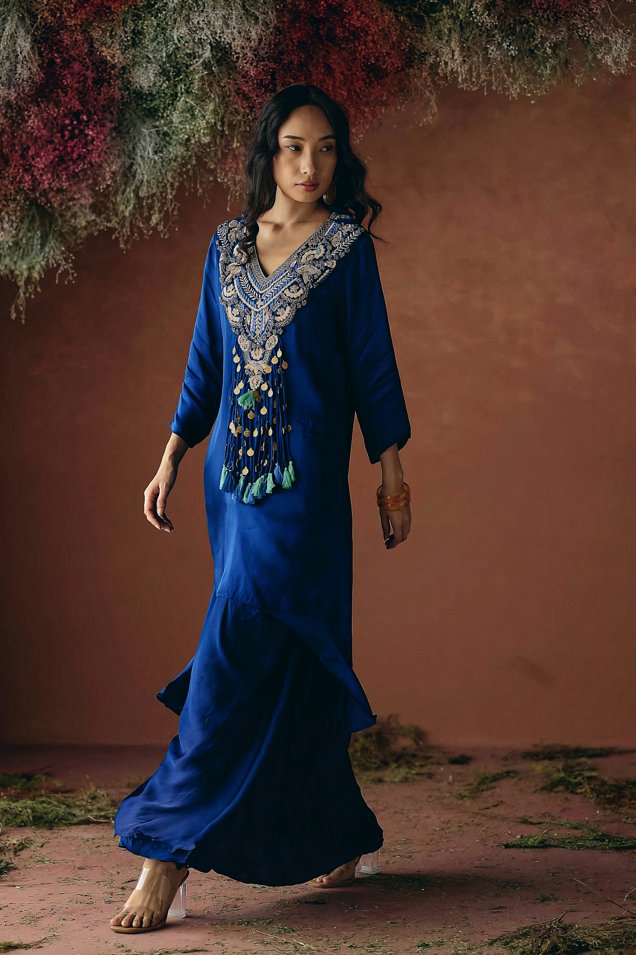 Sapphire Blue Embellished Satin Silk Skirt Set