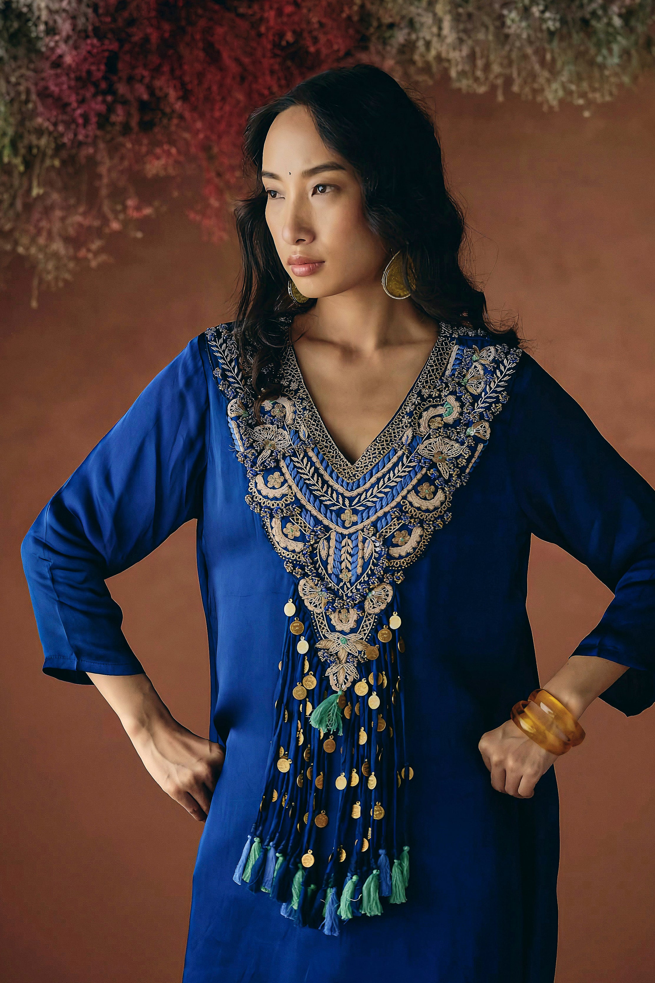 Sapphire Blue Embellished Satin Silk Skirt Set