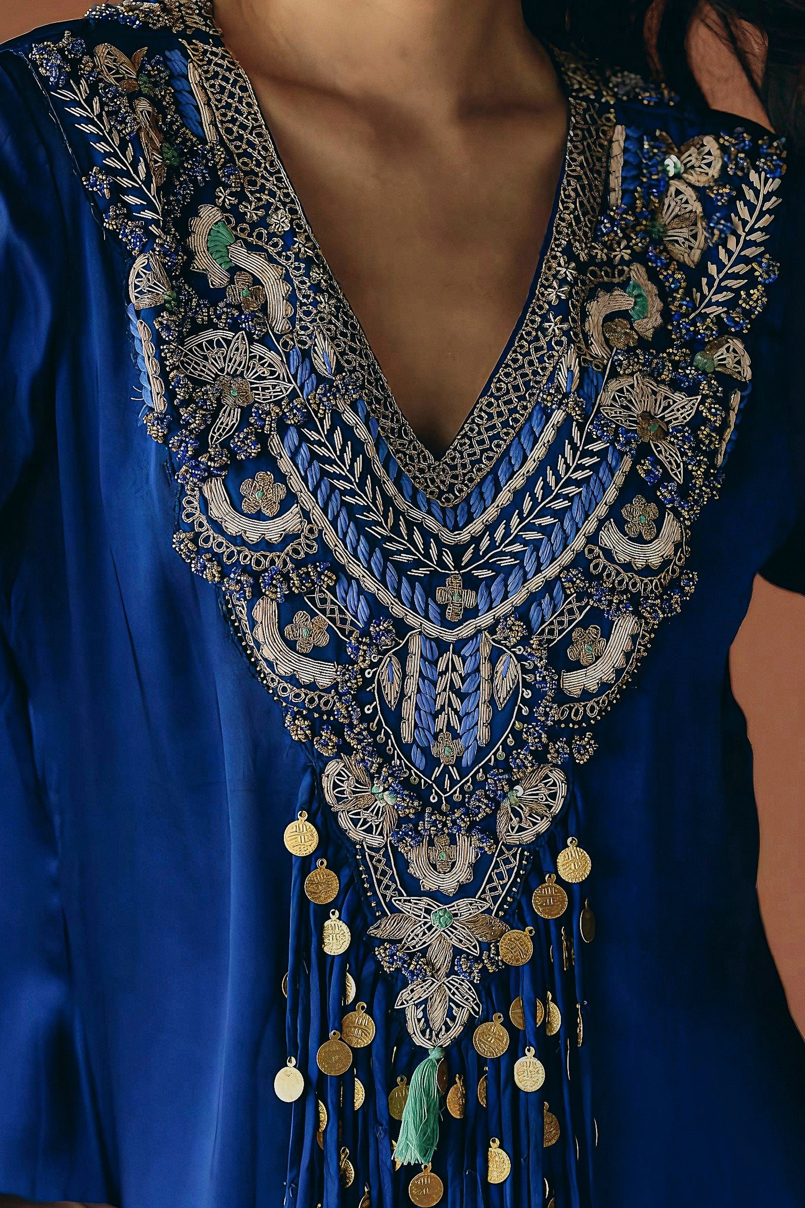 Sapphire Blue Embellished Satin Silk Skirt Set