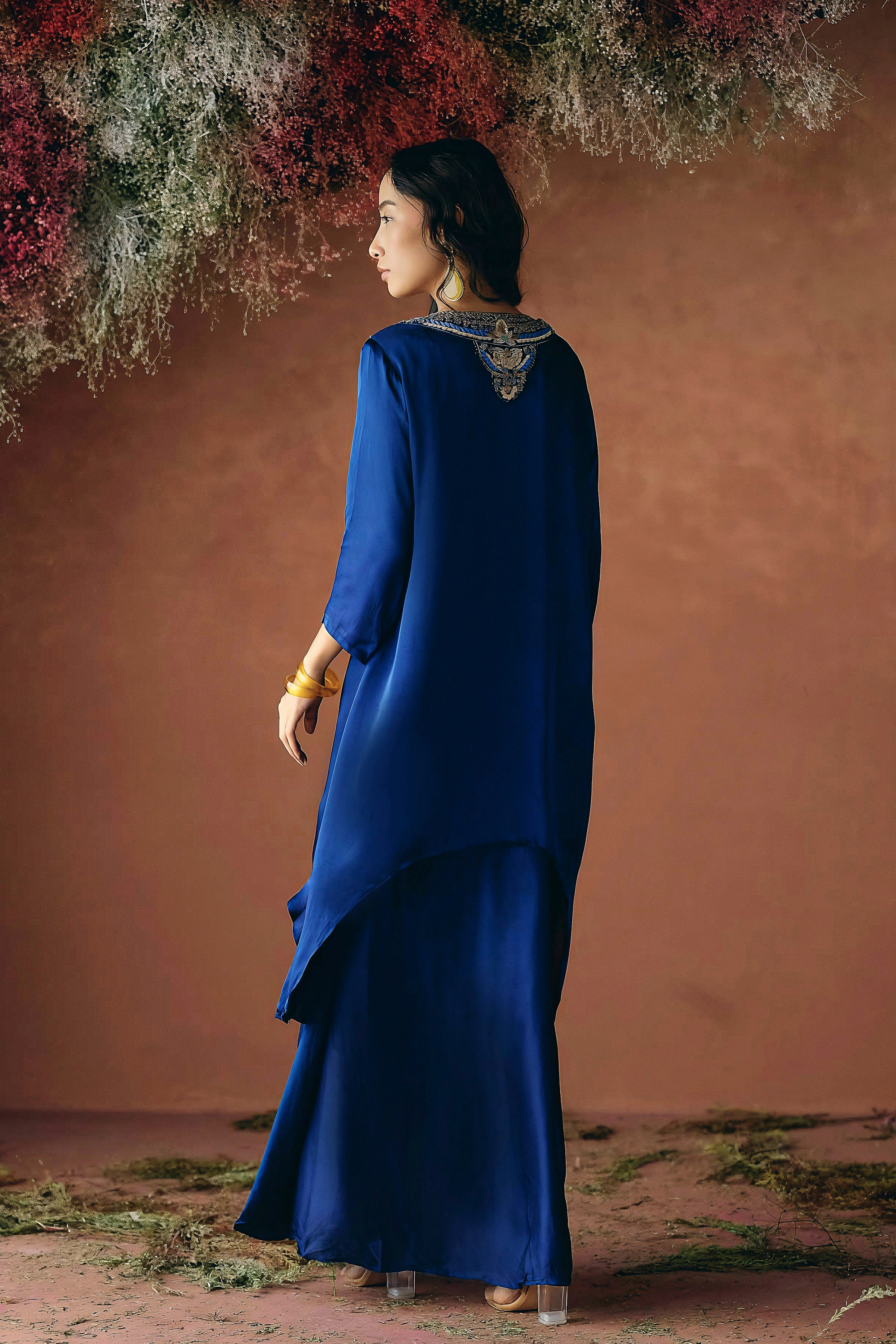 Sapphire Blue Embellished Satin Silk Skirt Set