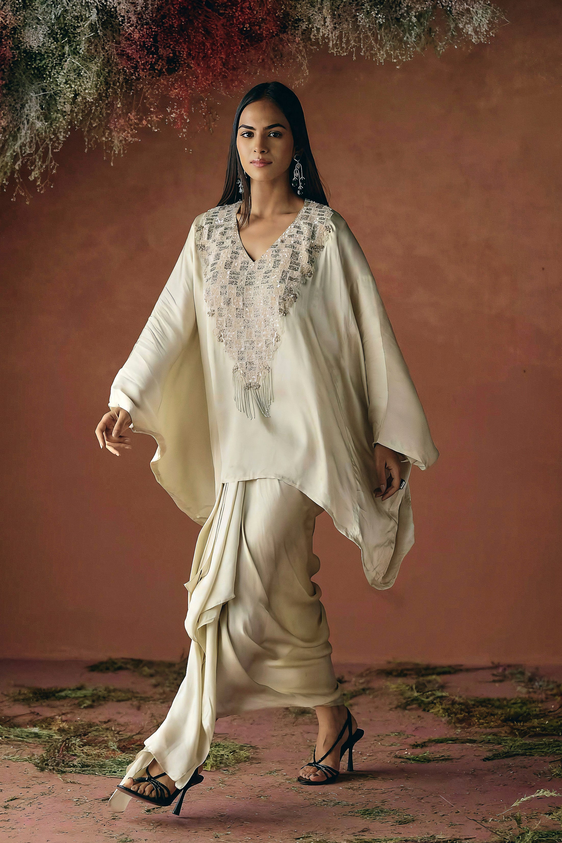 Ivory Cream Embellished Satin Silk Kaftan Set