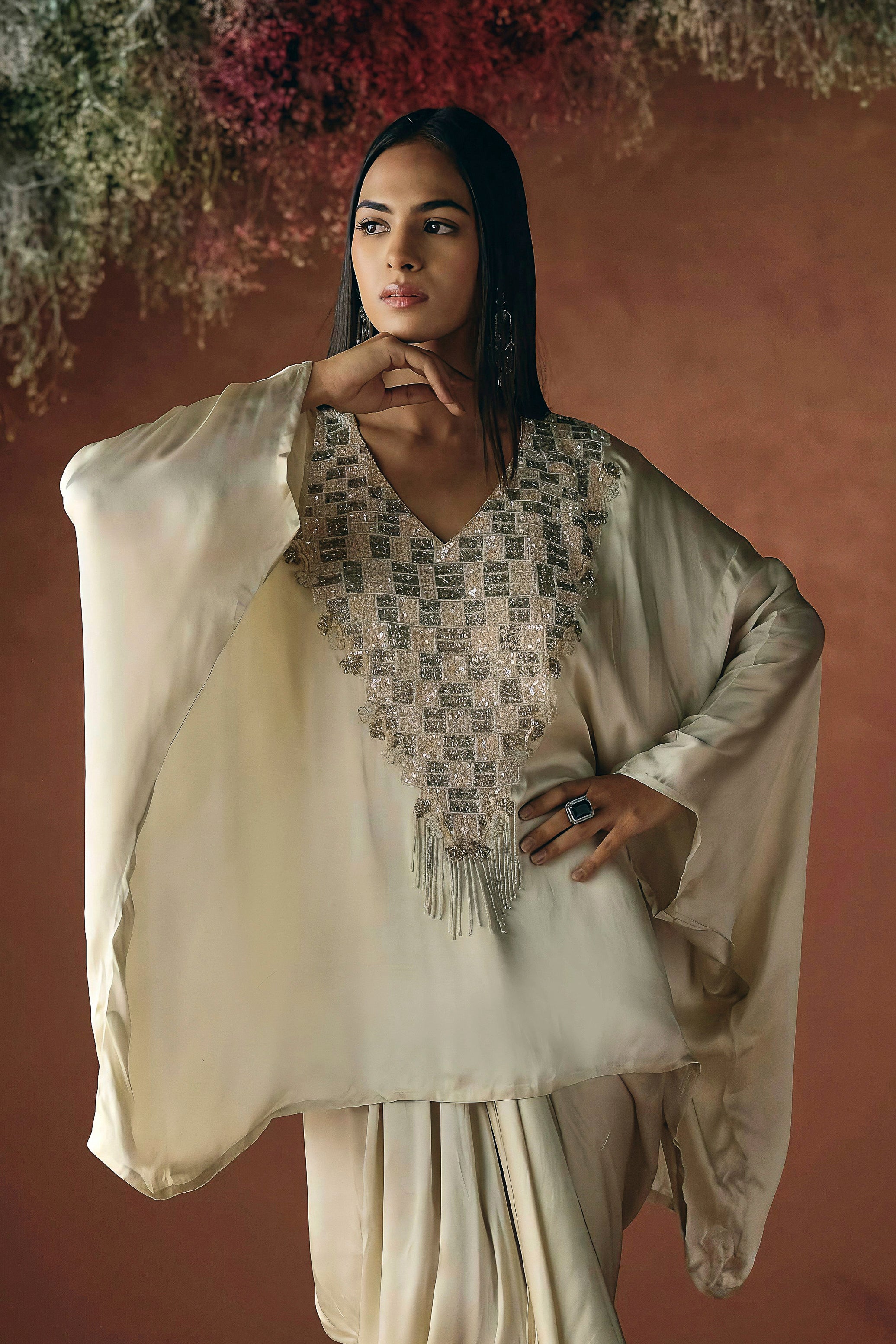 Ivory Cream Embellished Satin Silk Kaftan Set