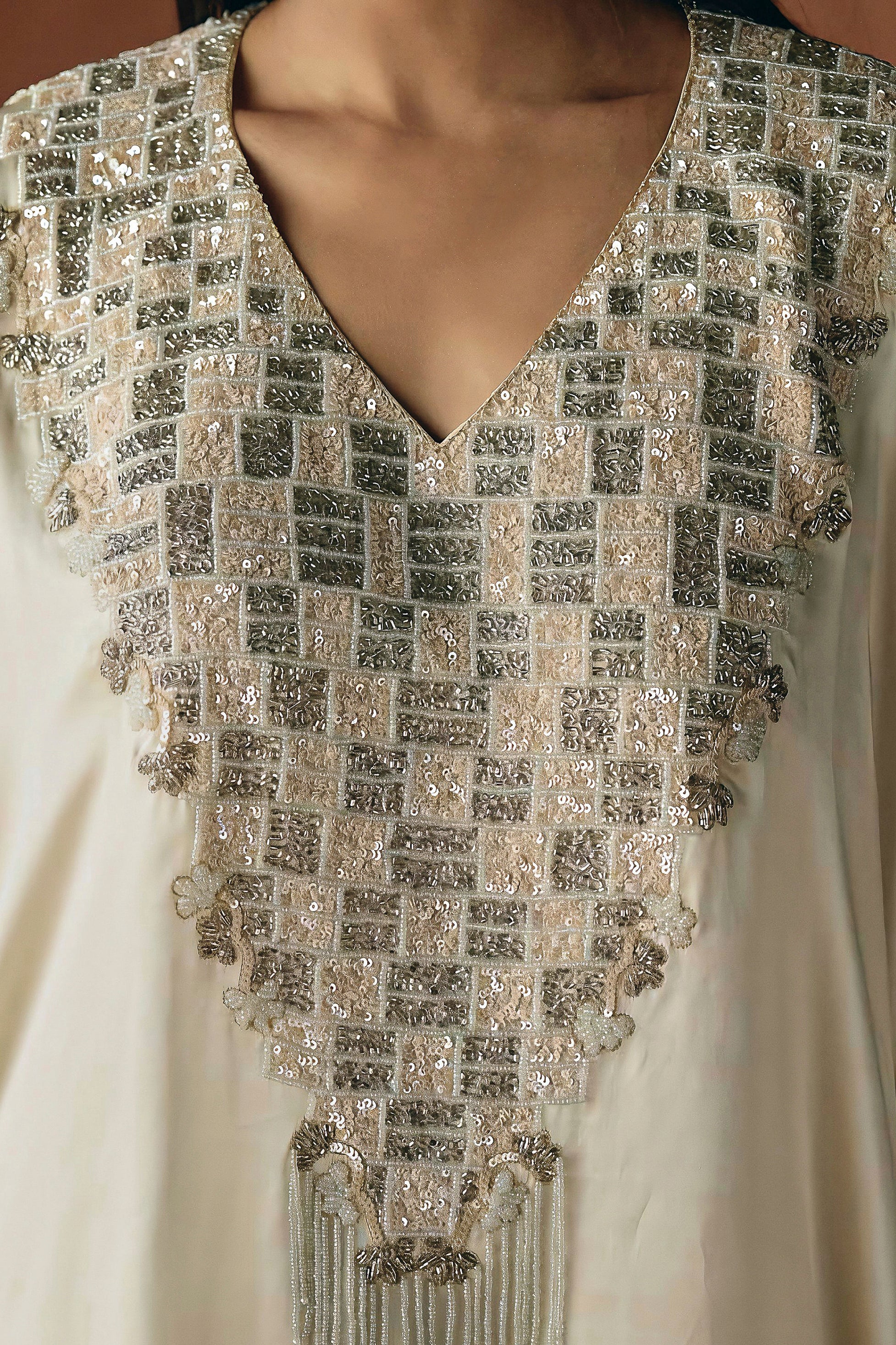 Ivory Cream Embellished Satin Silk Kaftan Set