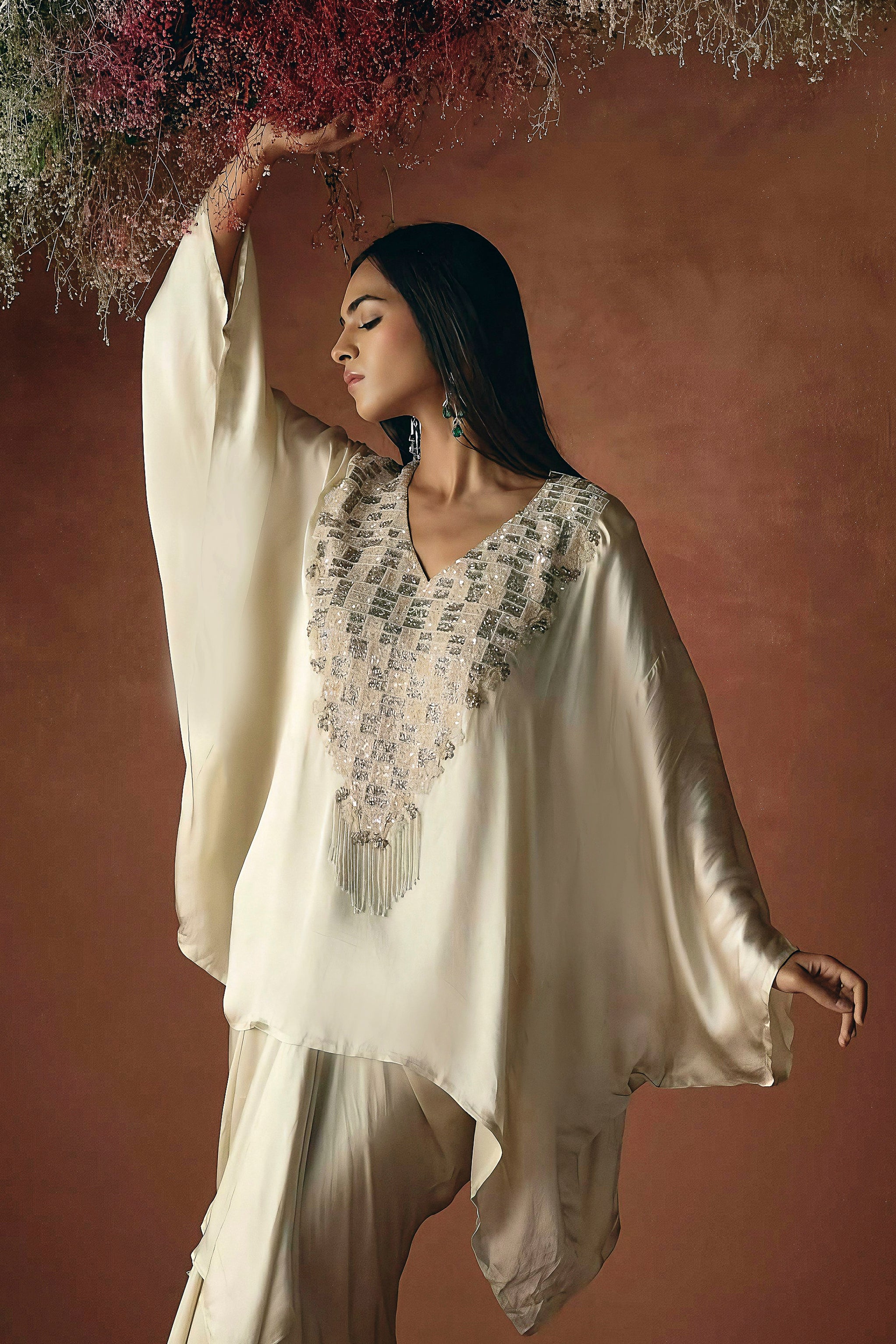 Ivory Cream Embellished Satin Silk Kaftan Set