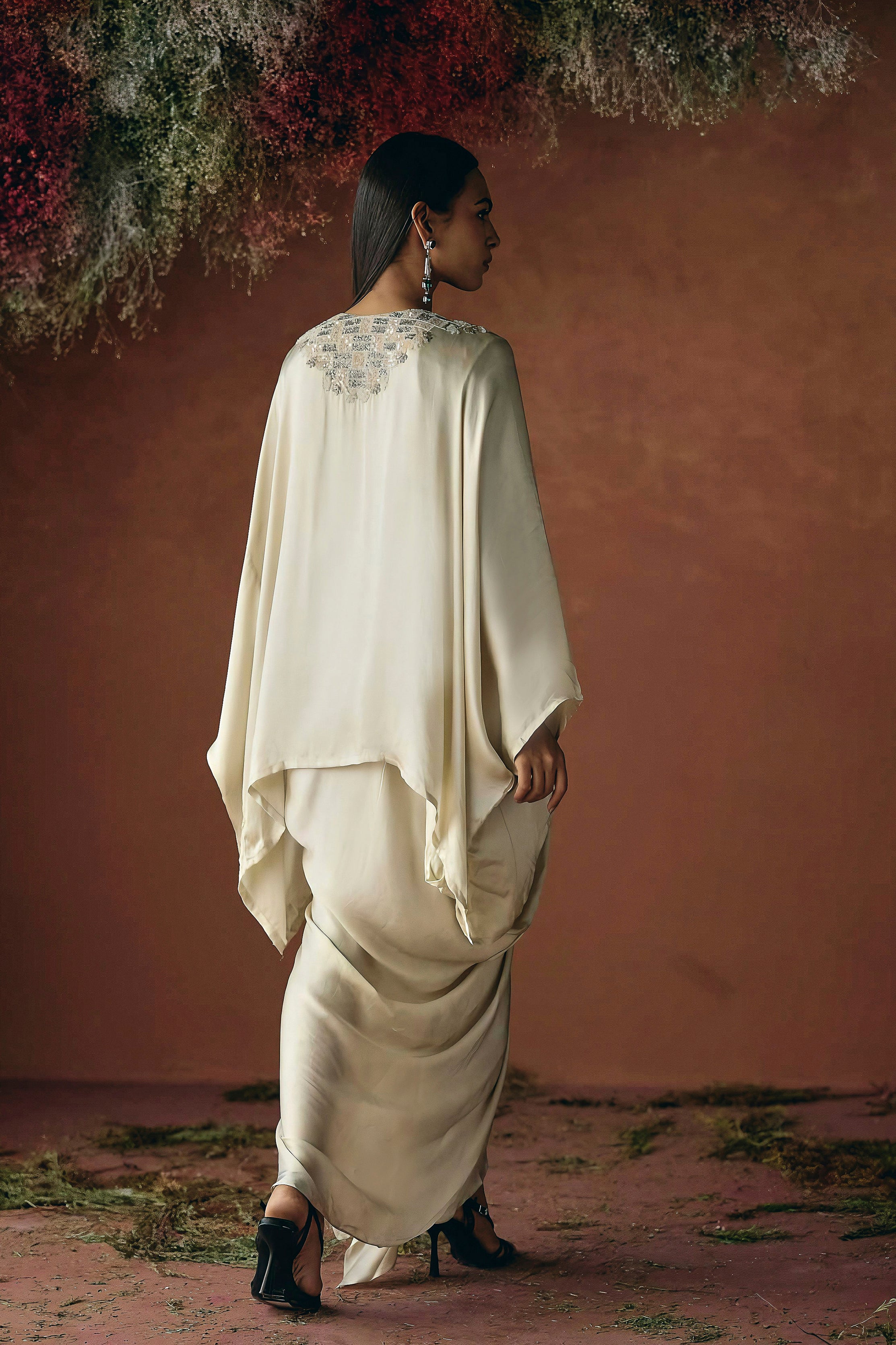 Ivory Cream Embellished Satin Silk Kaftan Set