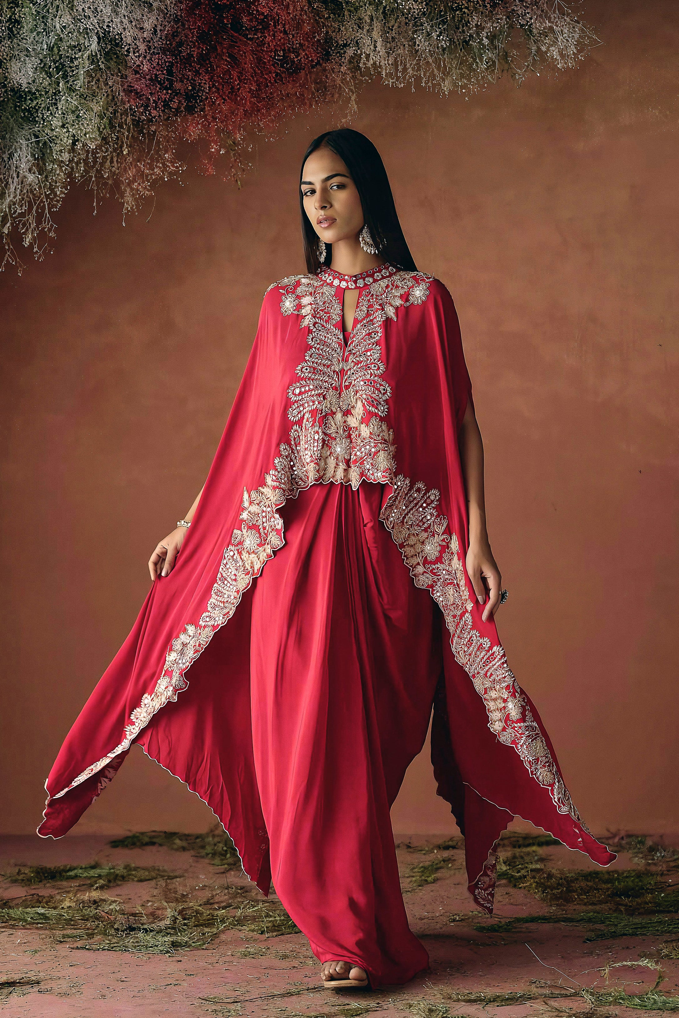 Ruby Red Embellished Premium Silk Skirt Set