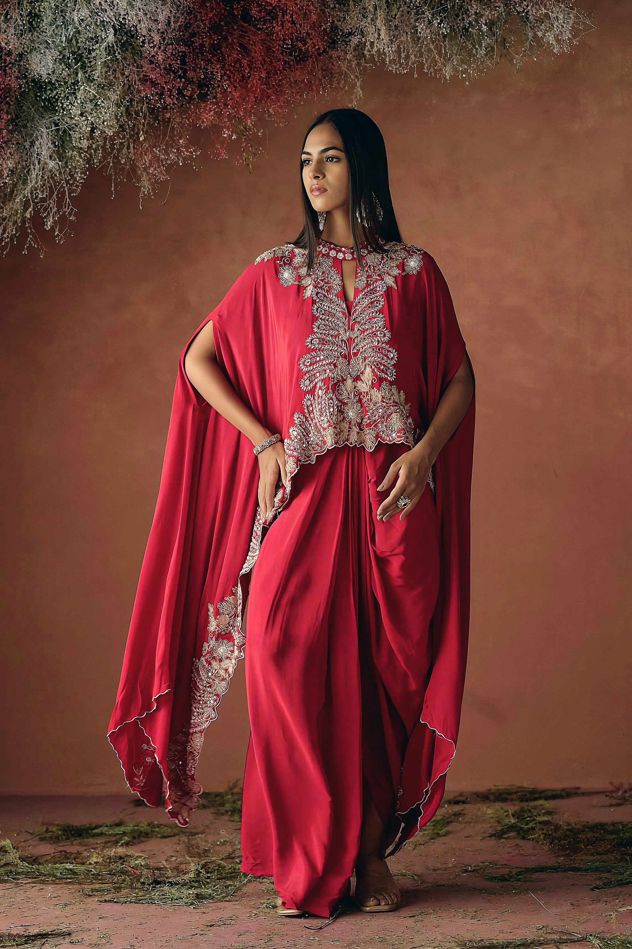 Ruby Red Embellished Premium Silk Skirt Set