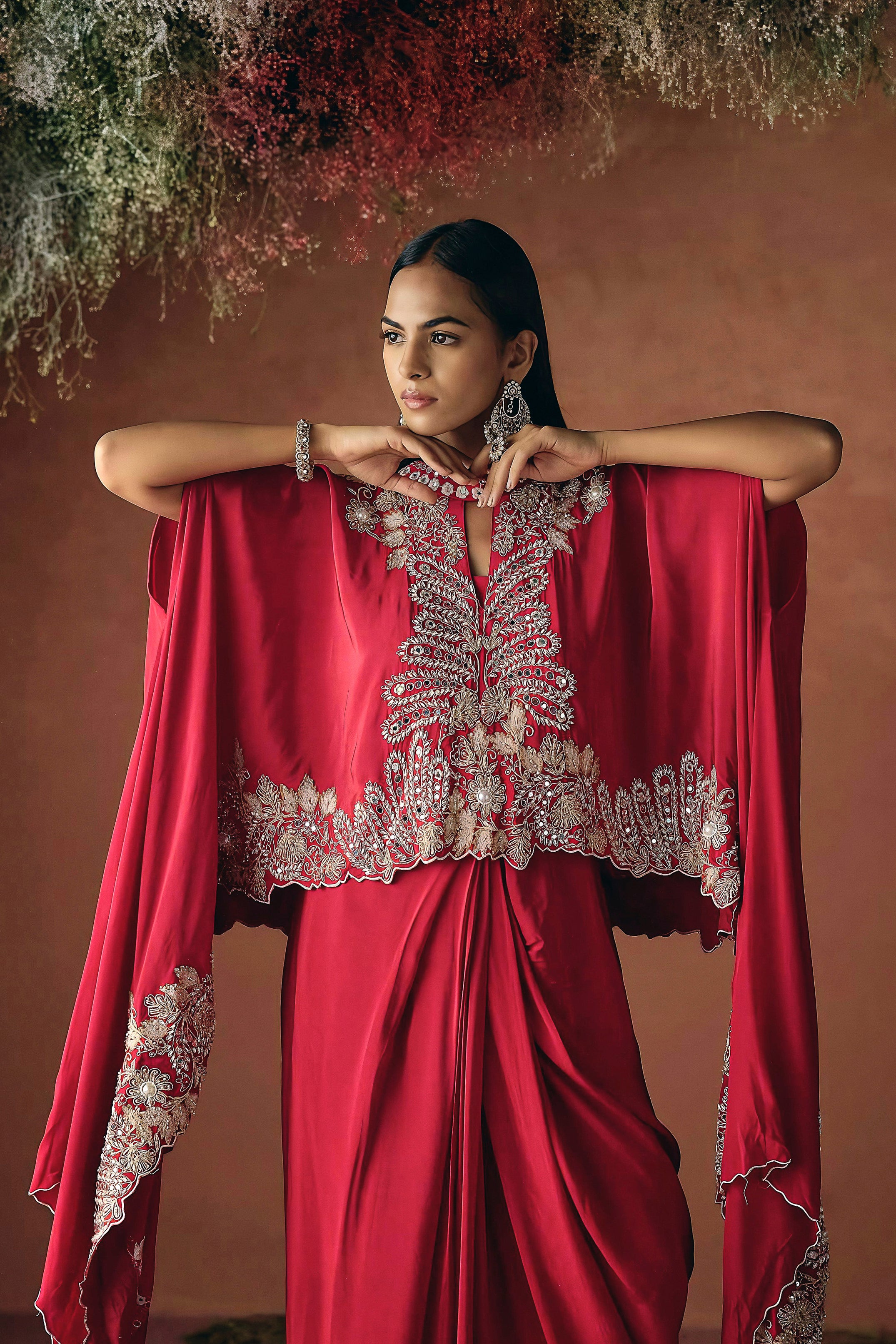 Ruby Red Embellished Premium Silk Skirt Set