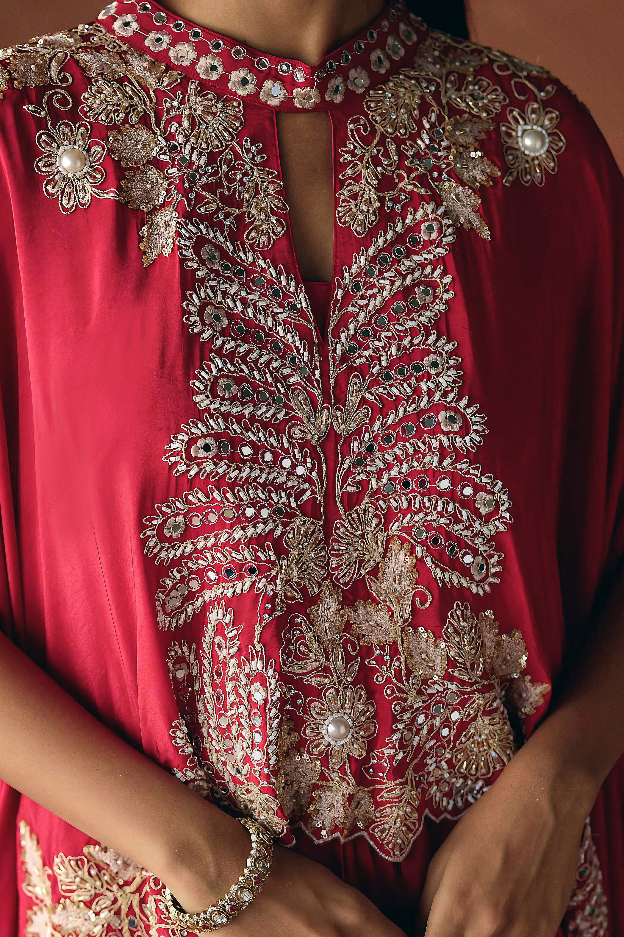 Ruby Red Embellished Premium Silk Skirt Set