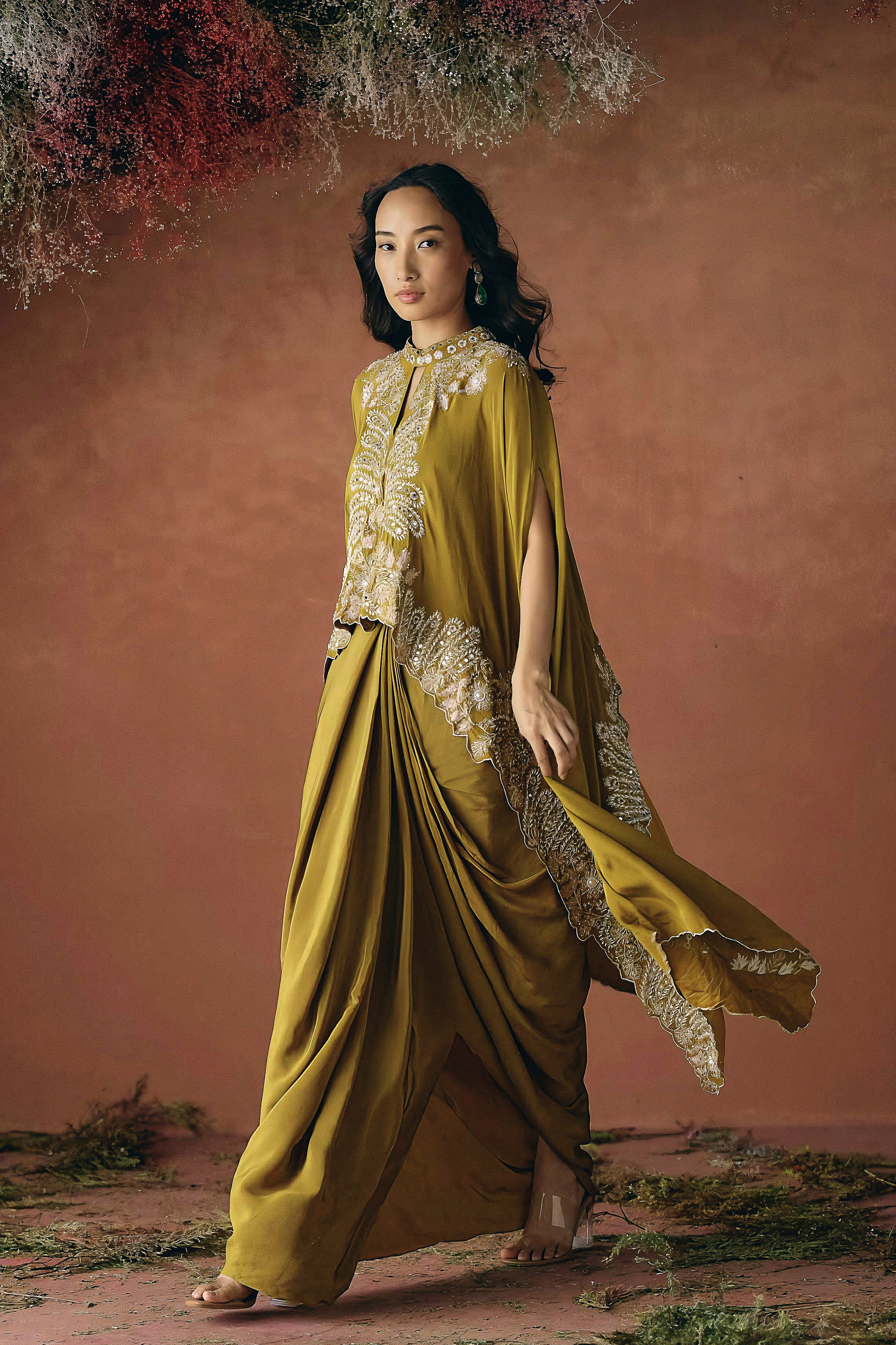 Mustard Embellished Premium Silk Skirt Set