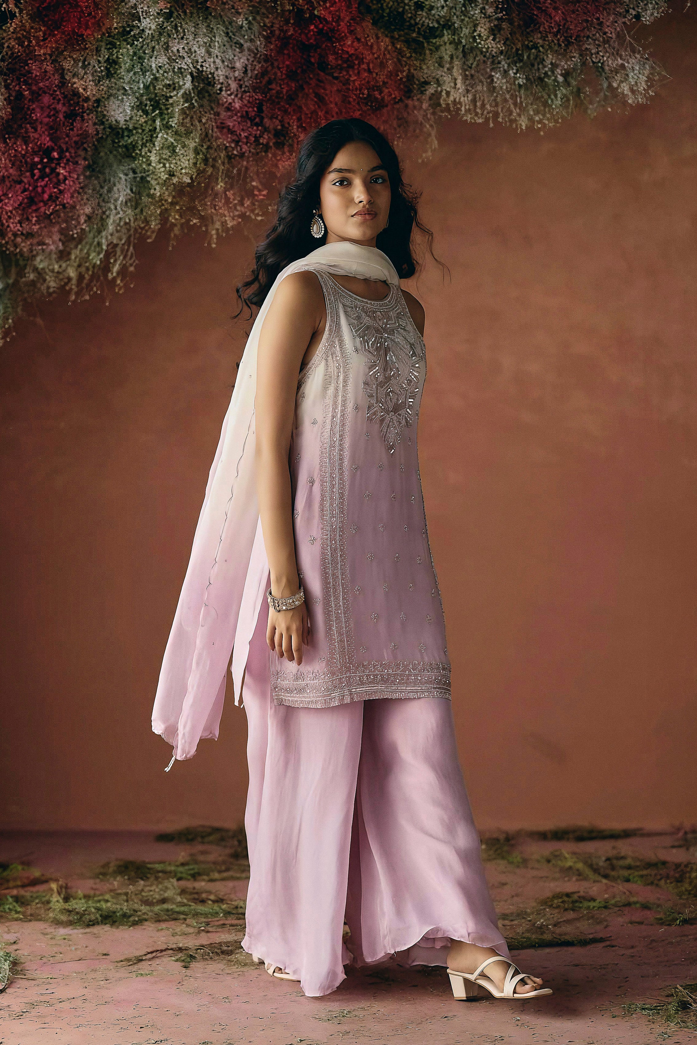 Lilac Pink Embellished Soft Organza Palazzo Set