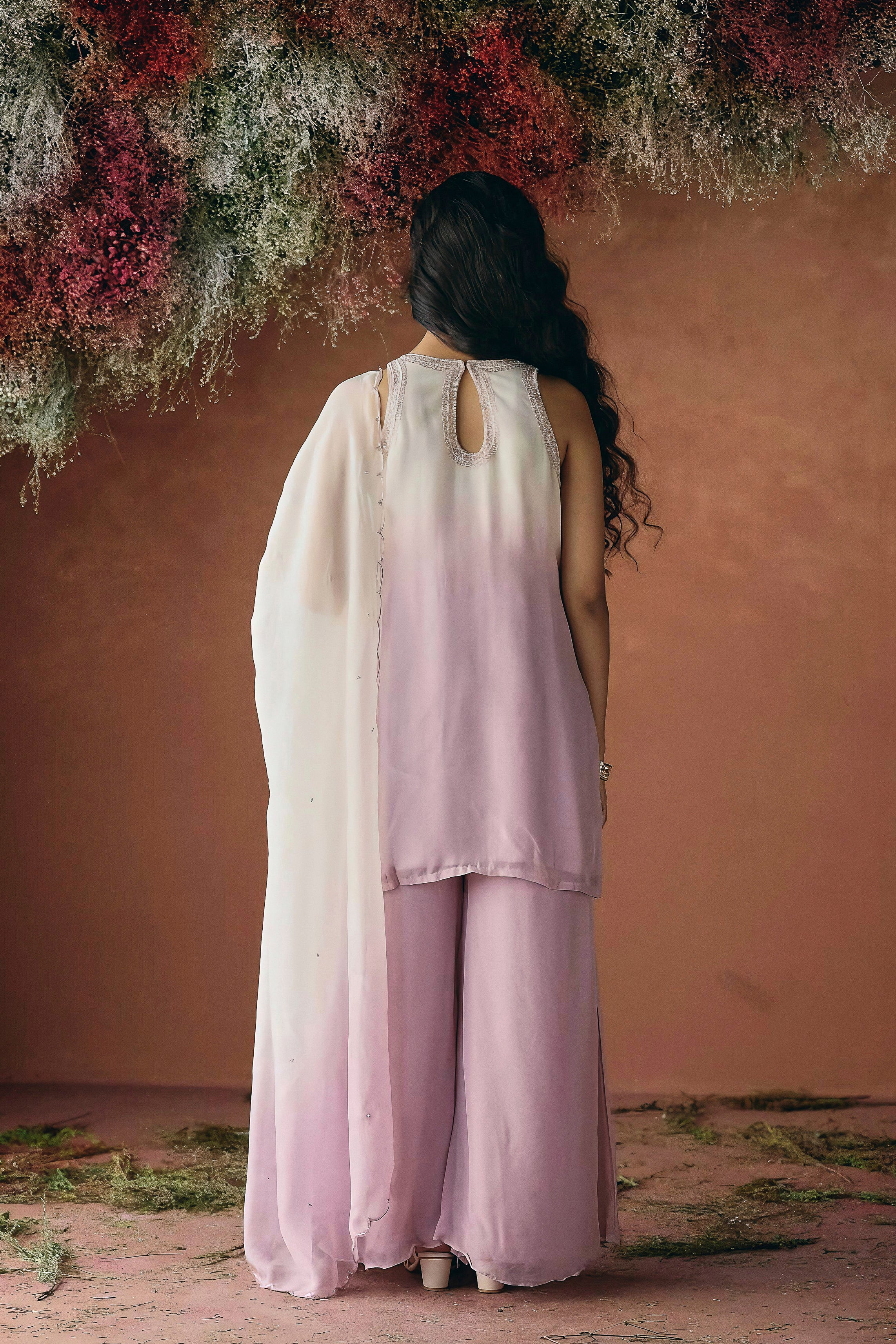 Lilac Pink Embellished Soft Organza Palazzo Set