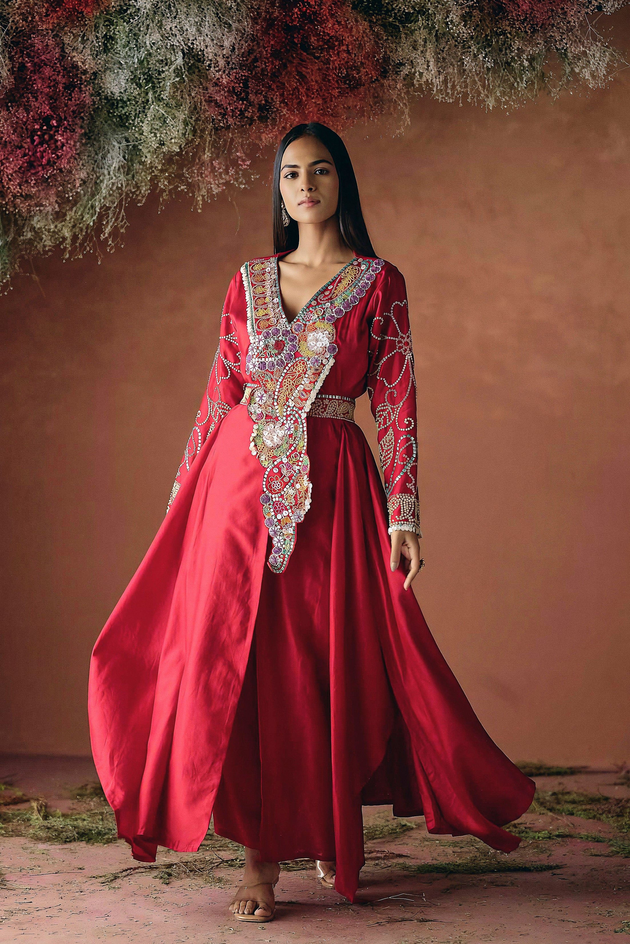 Carmine Red Embellished Premium Silk Kurta Set