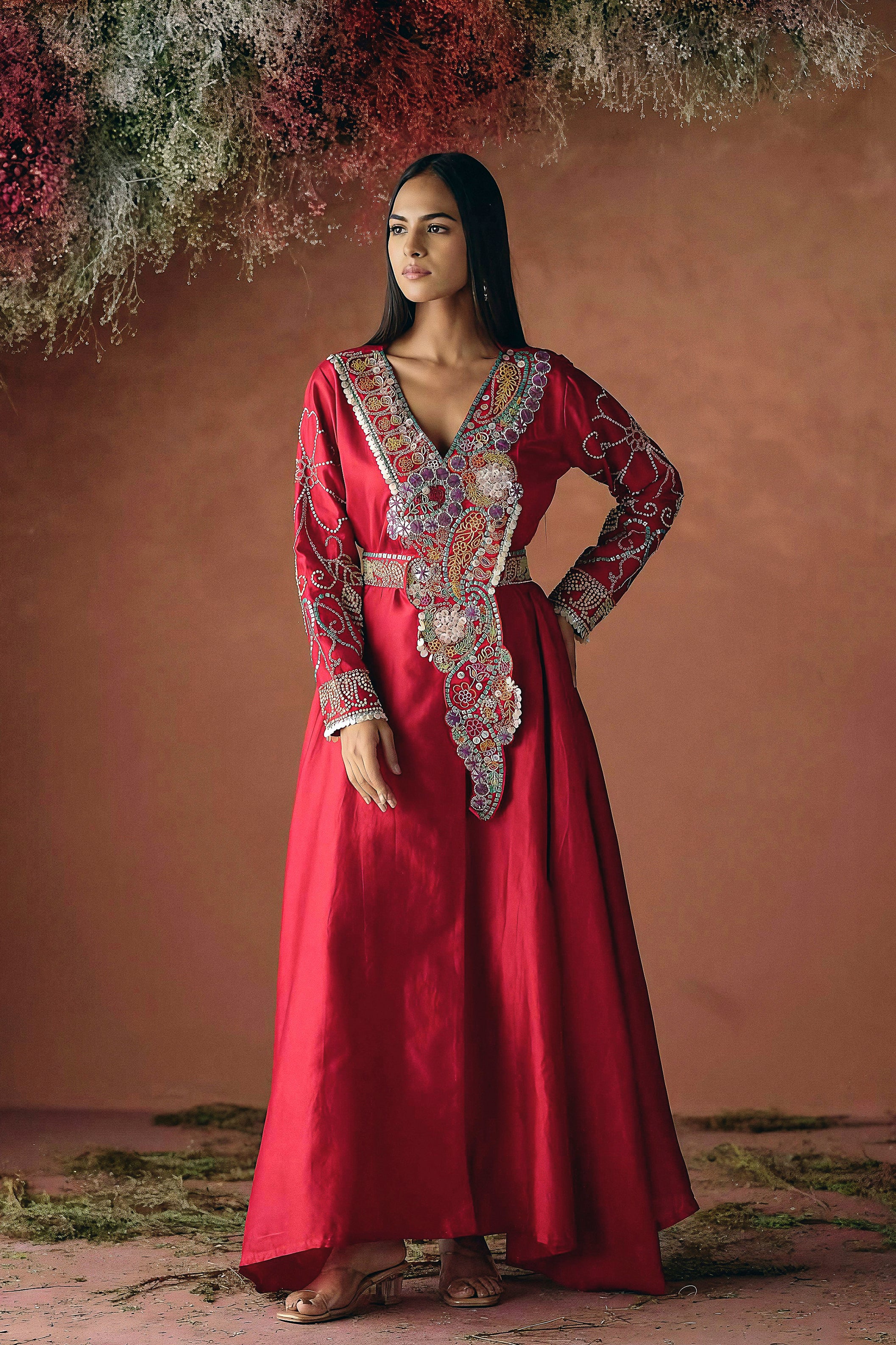 Carmine Red Embellished Premium Silk Kurta Set
