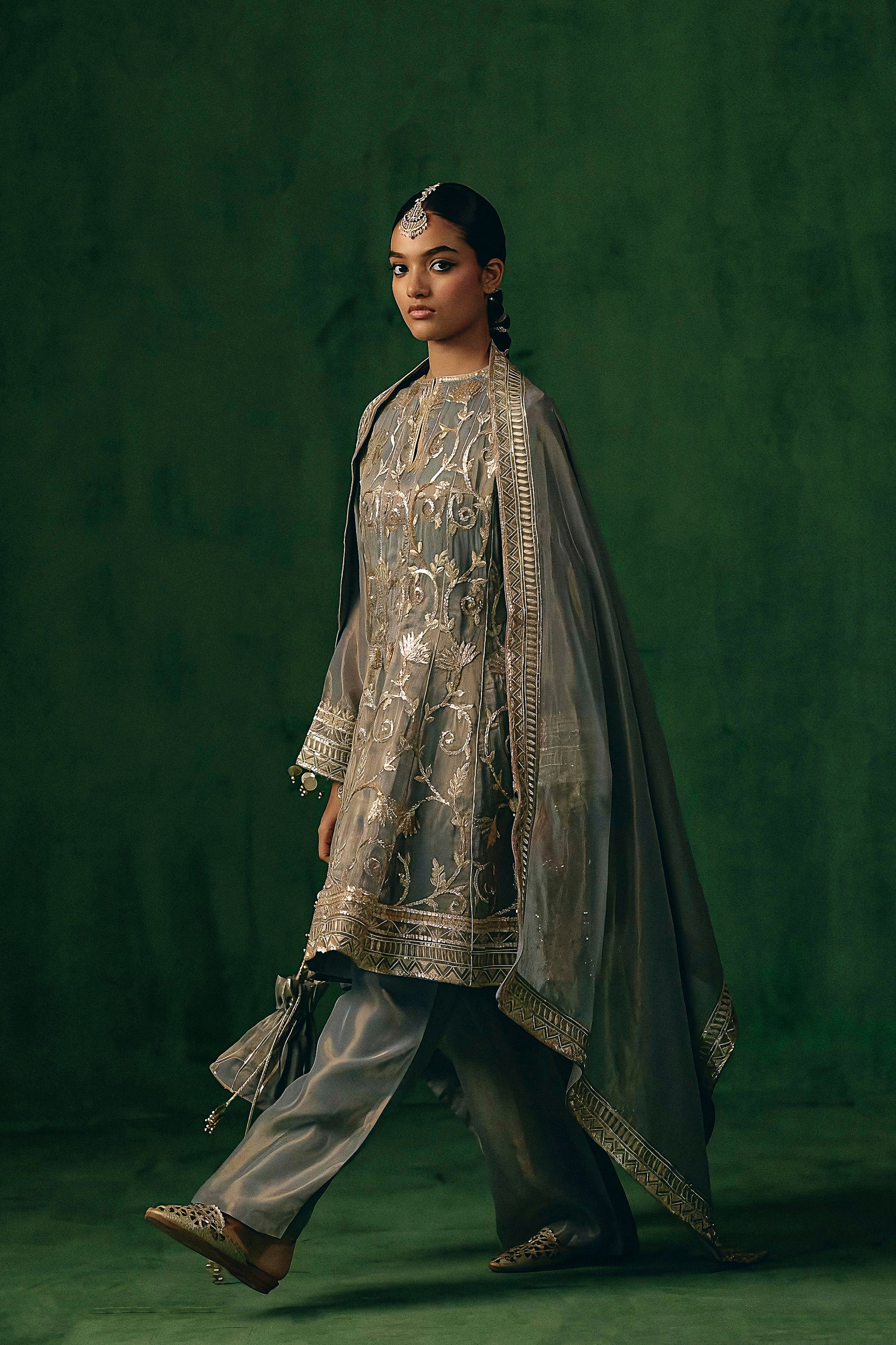 Slate Grey Embellished Shimmer Organza Silk Pant Set