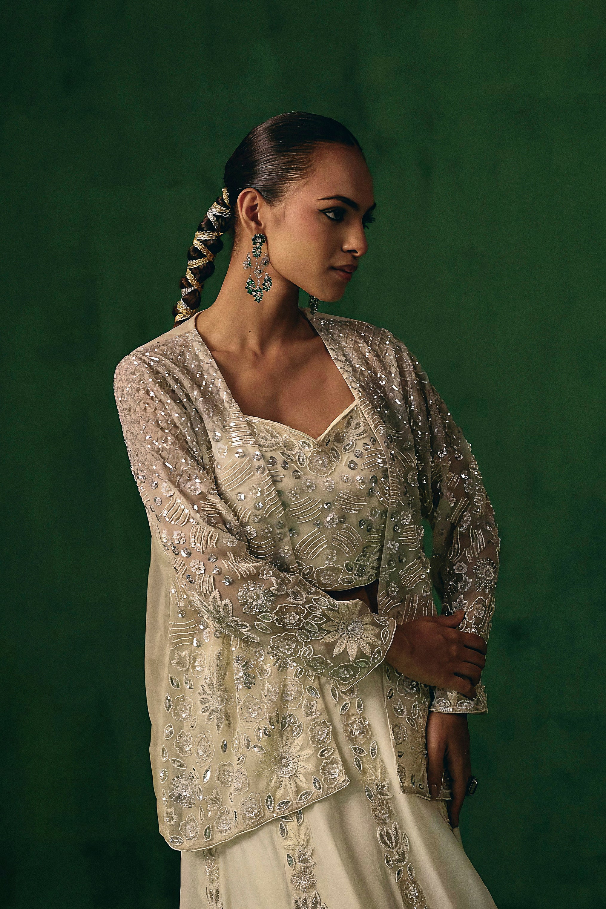 Soft Ivory Embellished Chinon Silk Lehenga Set