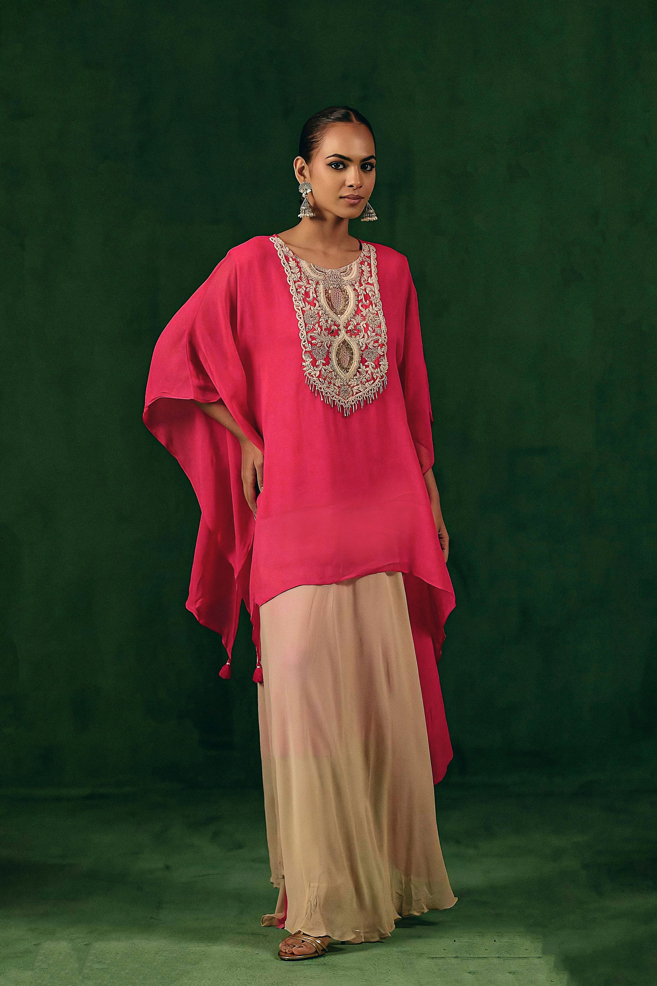 Rich Pink Embellished Georgette Silk Dress