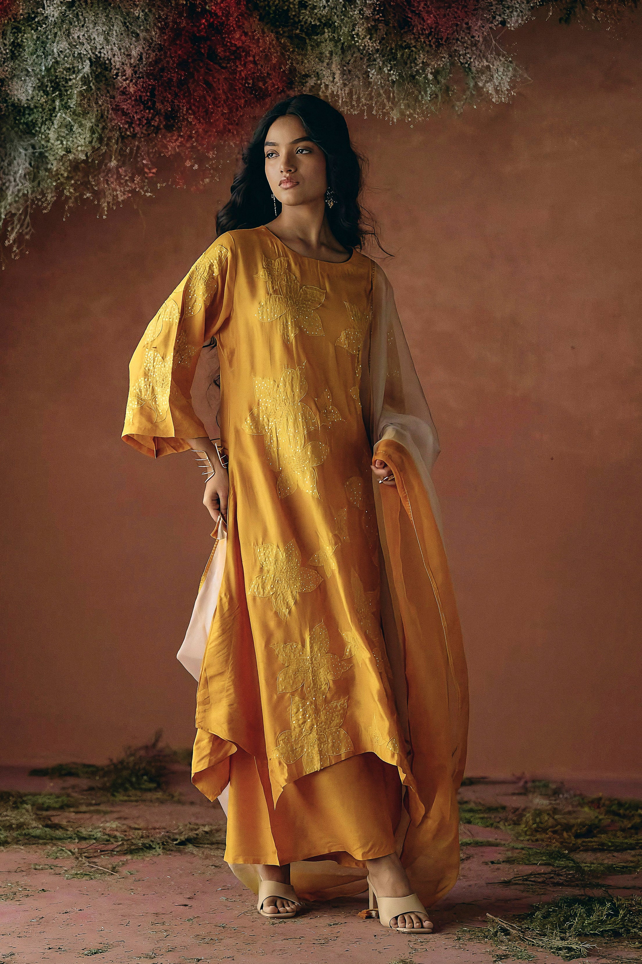 Mustard Yellow Embellished Raw Silk Palazzo Set