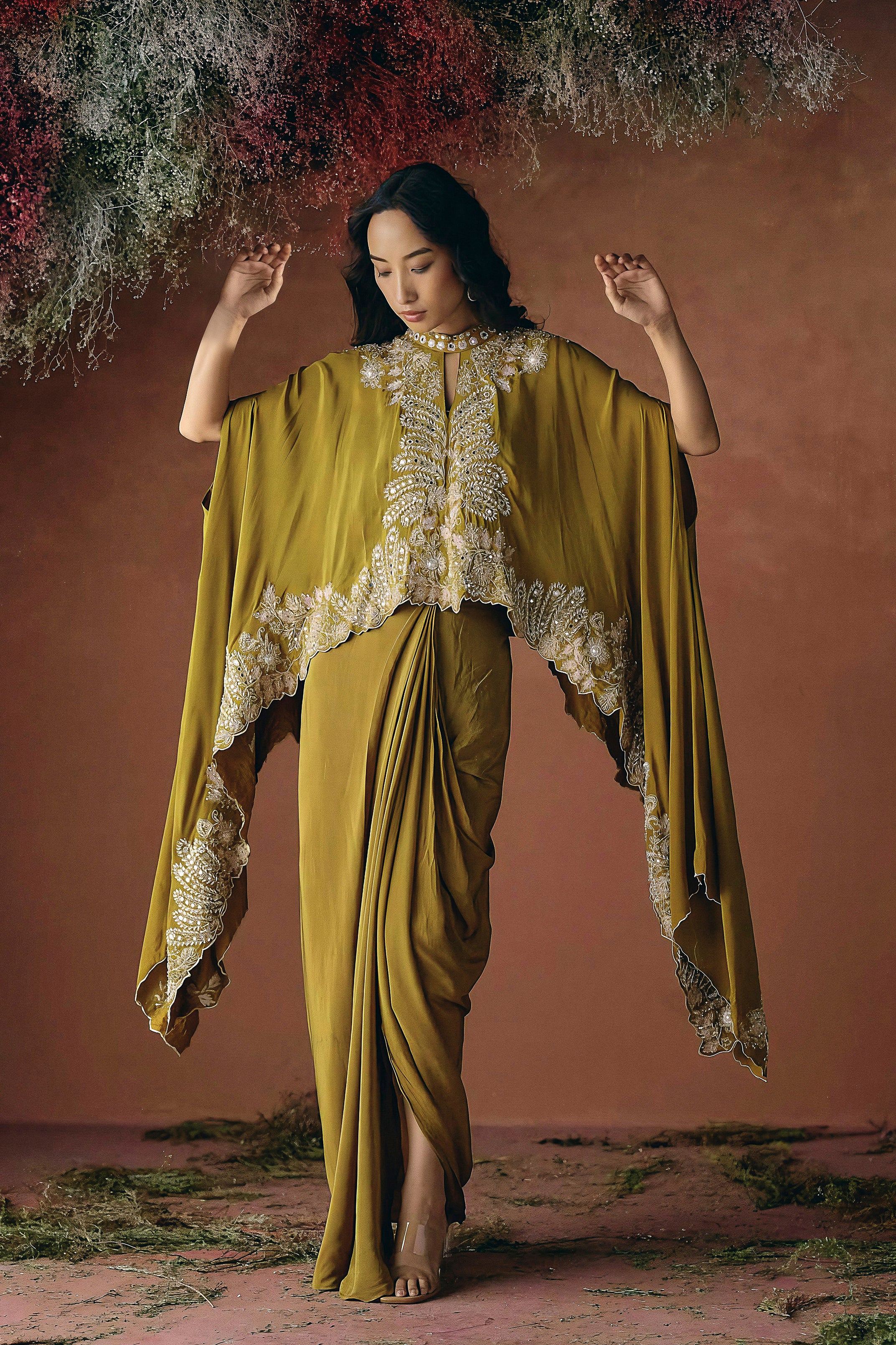 Mustard Embellished Premium Silk Skirt Set