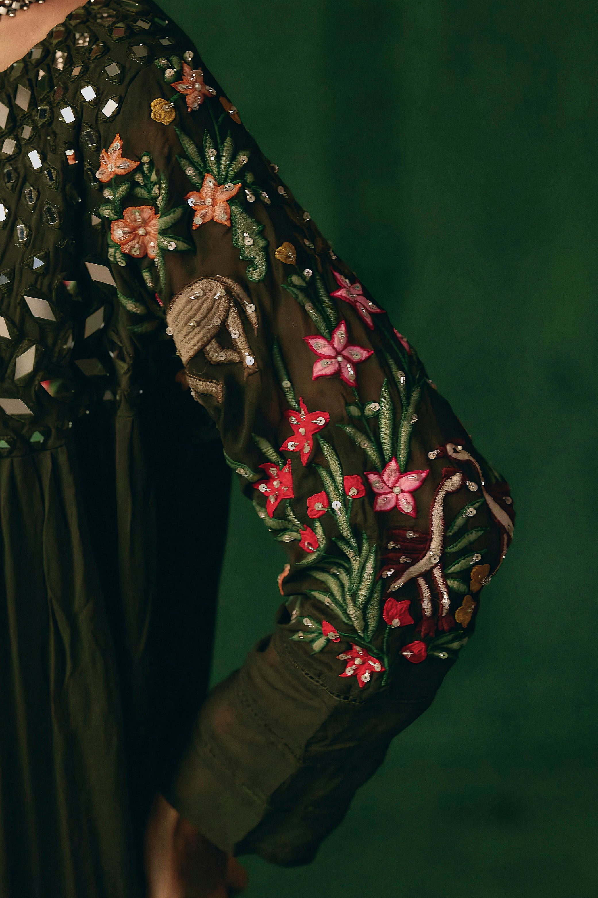 Deep Olive Embellished Georgette Silk Gown